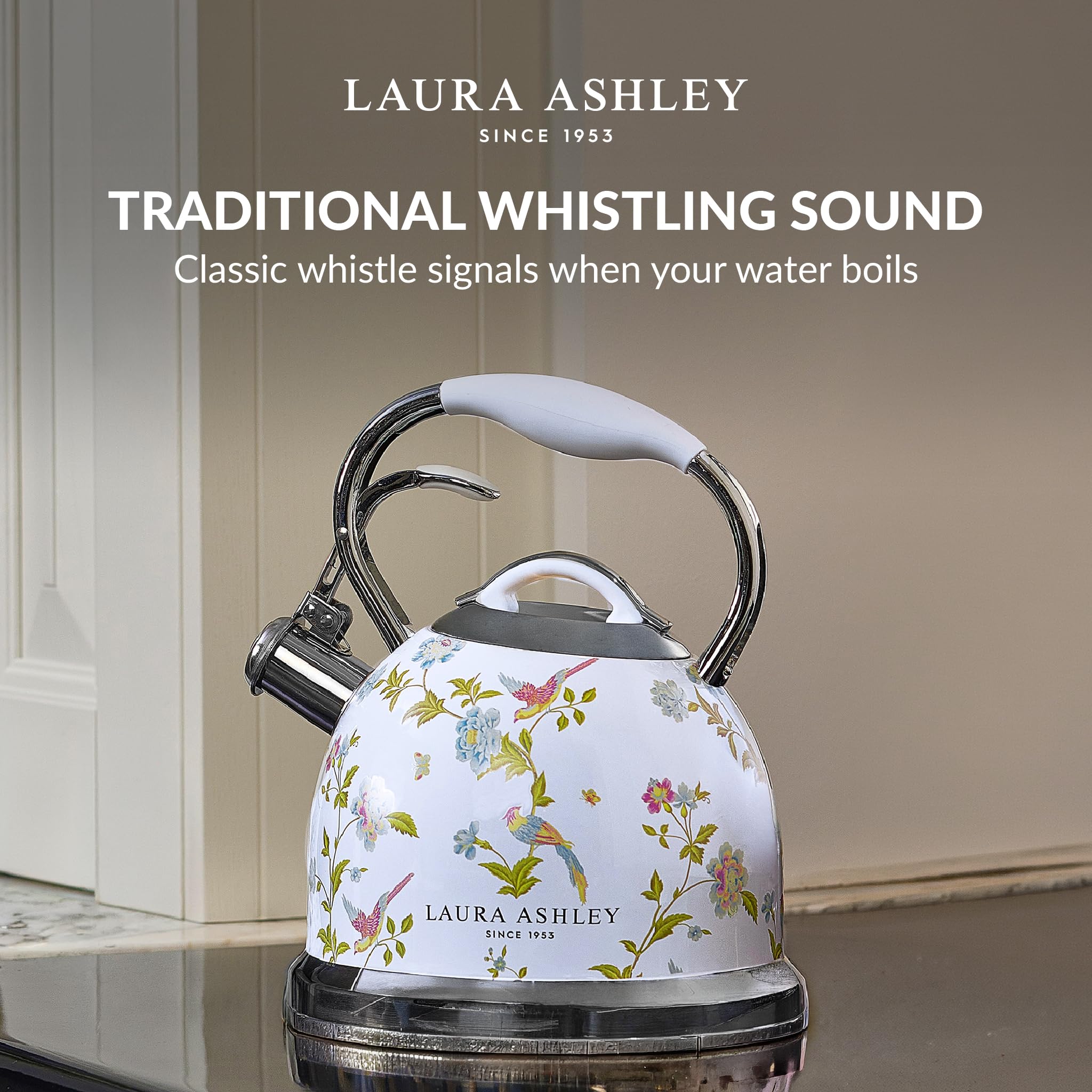 Laura Ashley Elveden White 3 Litern Wasserkessel Induktion von VQ – Wasserkessel Camping mit Pfeifton für Gasherd, Induktions kochfeld oder andere Kochfelder mit Druckknopf Mechanismus