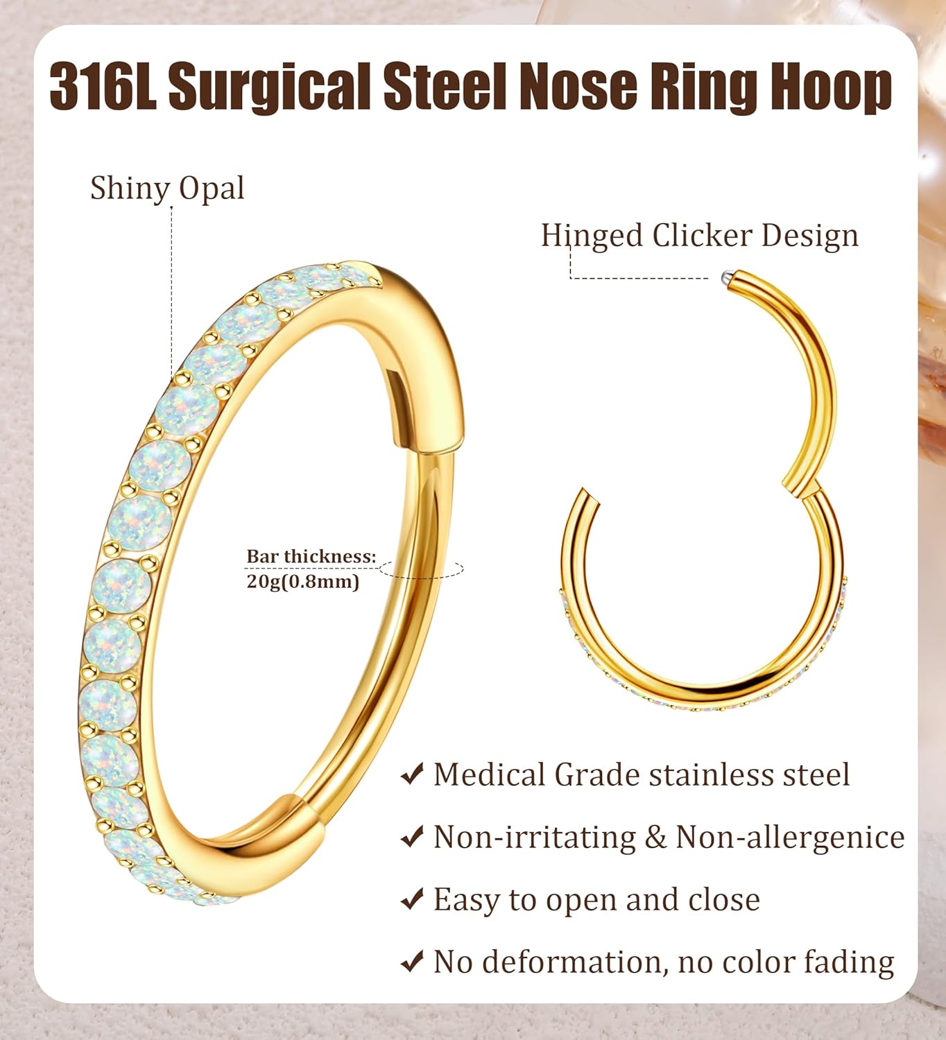 MJust Opal Nose Hoops for Women Men - 316L Surgical Steel Hinged Nose Rings 20G Clicker Septum Nose Ring Lip Helix Cartilage Hoop Earring Daith Rook Conch Body Piercing Jewelry 6MM 7MM 8MM 10MM - Image 2