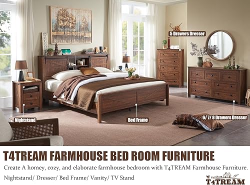 Miniatura 5 de T4TREAM Juego de 2 mesitas de noche de granja con estación de carga, mesa auxiliar rústica con 2 cajones, estante abierto de almacenamiento para