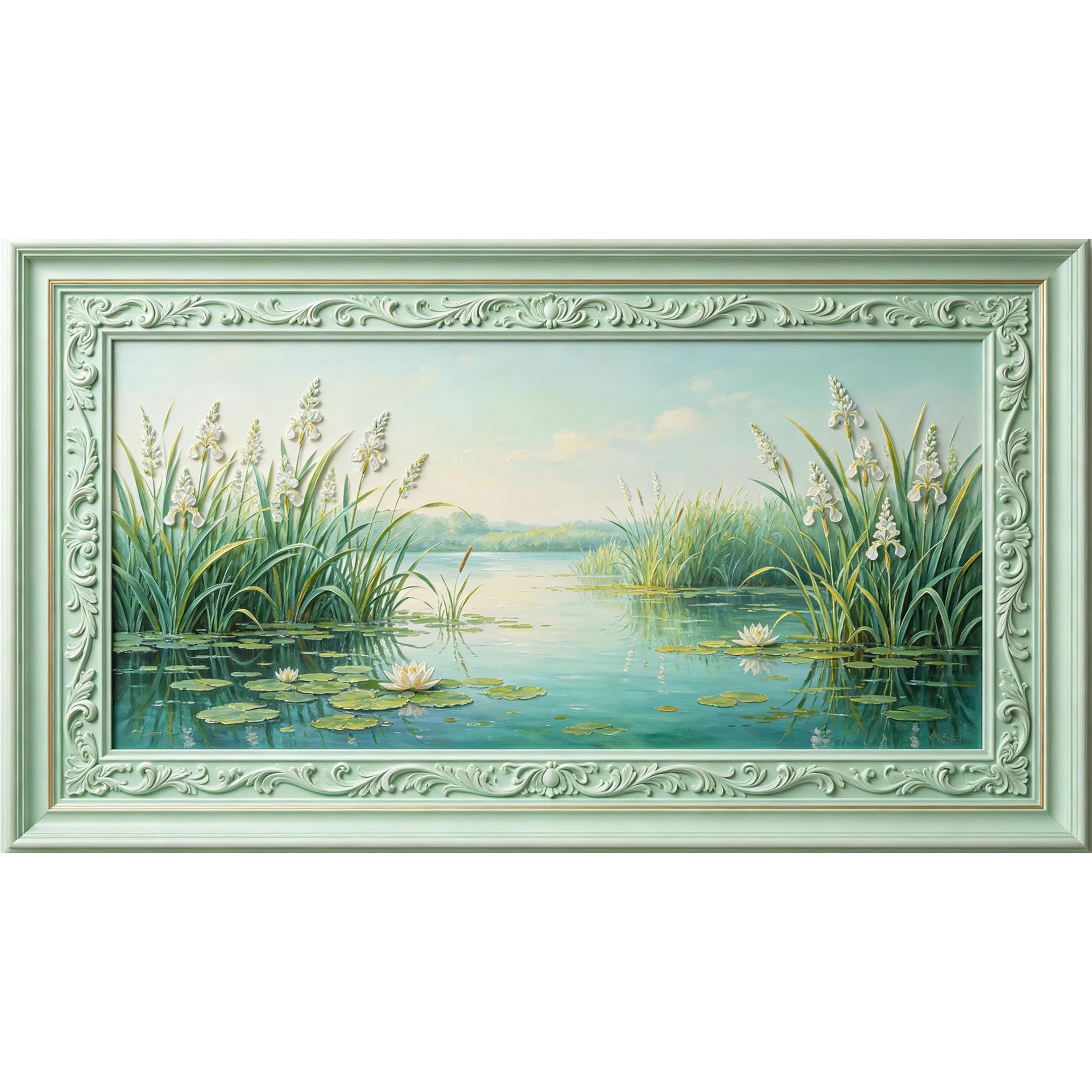 QZLITHOTIC 50×100cm 3D Framed Wall Art， Botanical Lake Scene Water Lilies and Iris Self?Adhesive Mural， Water?Activated Peel & Stick Fabric Decor Wall Decal for Bedroom Living Room