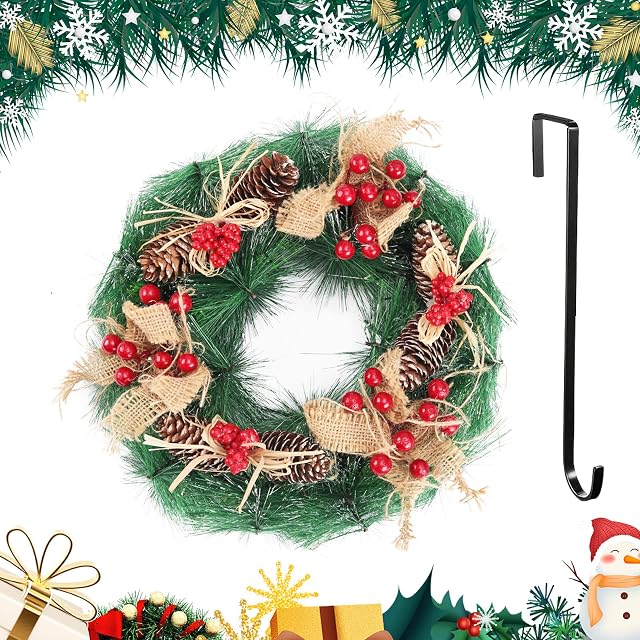 Warmiehomy 32cm Artificial Christmas Wreath with Hanger, Front Door Wreath Garland Christmas Decoration with Pine Cones and Bowknot for Xmas Home Holiday New Year Party Decor