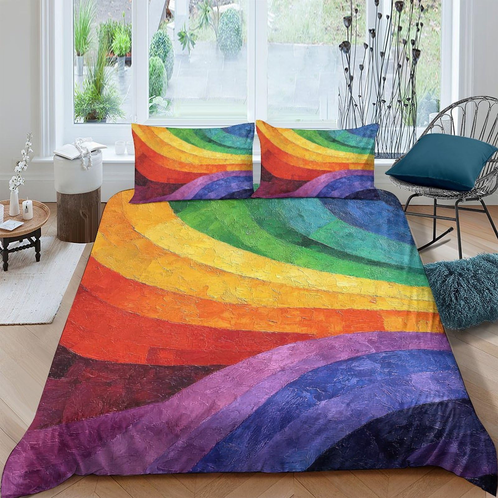 GPLZQXKJNH 3D Printed Rainbow Stripe Duvet Cover Microfiber Soft Abstract Colorful Bedding Set with 2 Pillowcases for Bedroom Home Single（135x200cm）