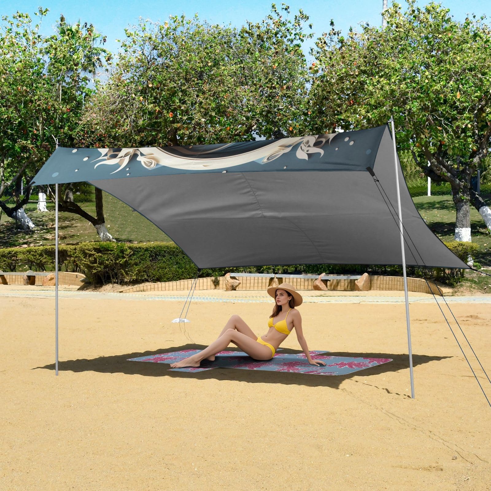 Ciervos De Arte De Navidad Tienda de Playa de FáCil Montaje,Toldo Parasol para Camping con Sacos de Arena,Palas y Estacas para Picnics Al Aire Libre