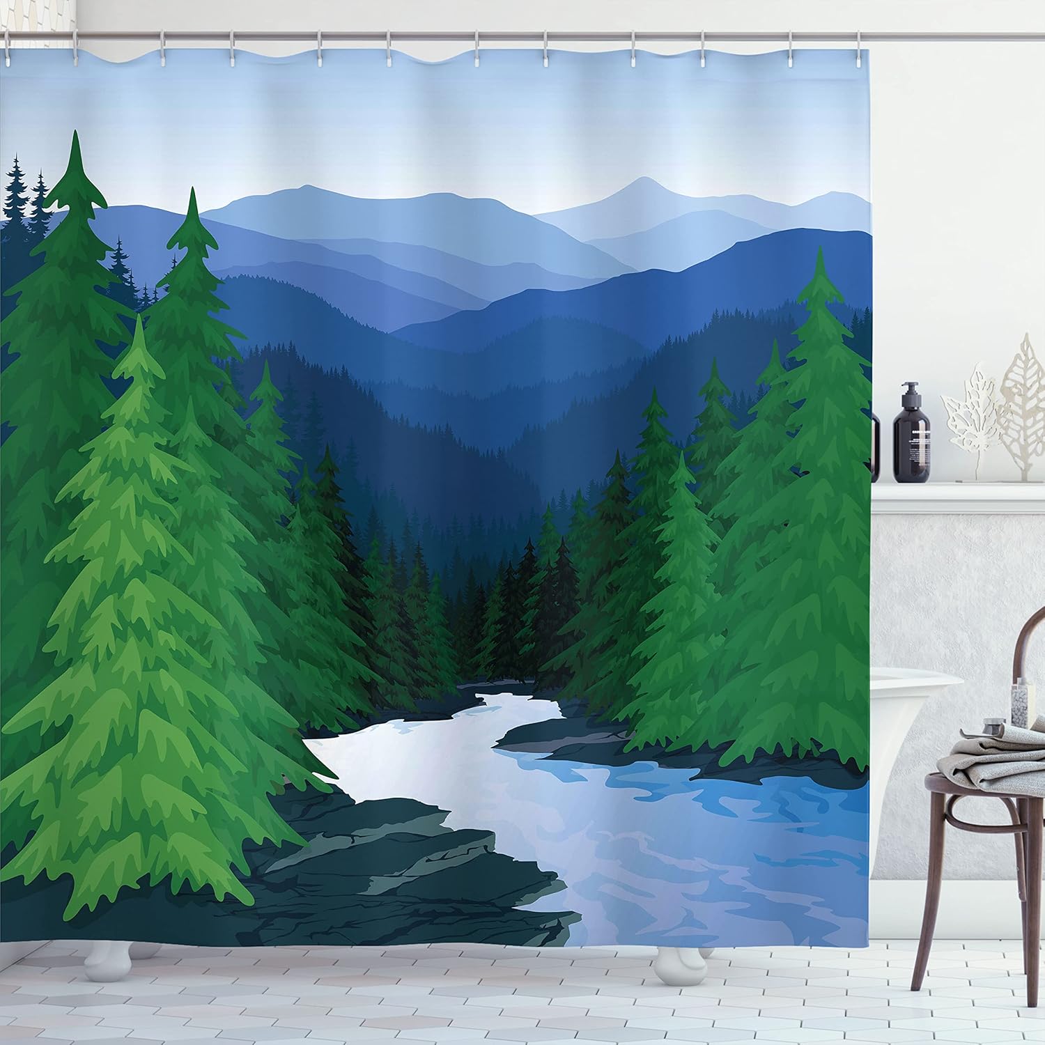 Ambesonne Northwoods Shower Curtain, Evening in The Mountains Oak Forest with River Wilderness, Cloth Fabric Bathroom Decor Set with Hooks, 69" W x 70" L, Fern Green Dark Teal