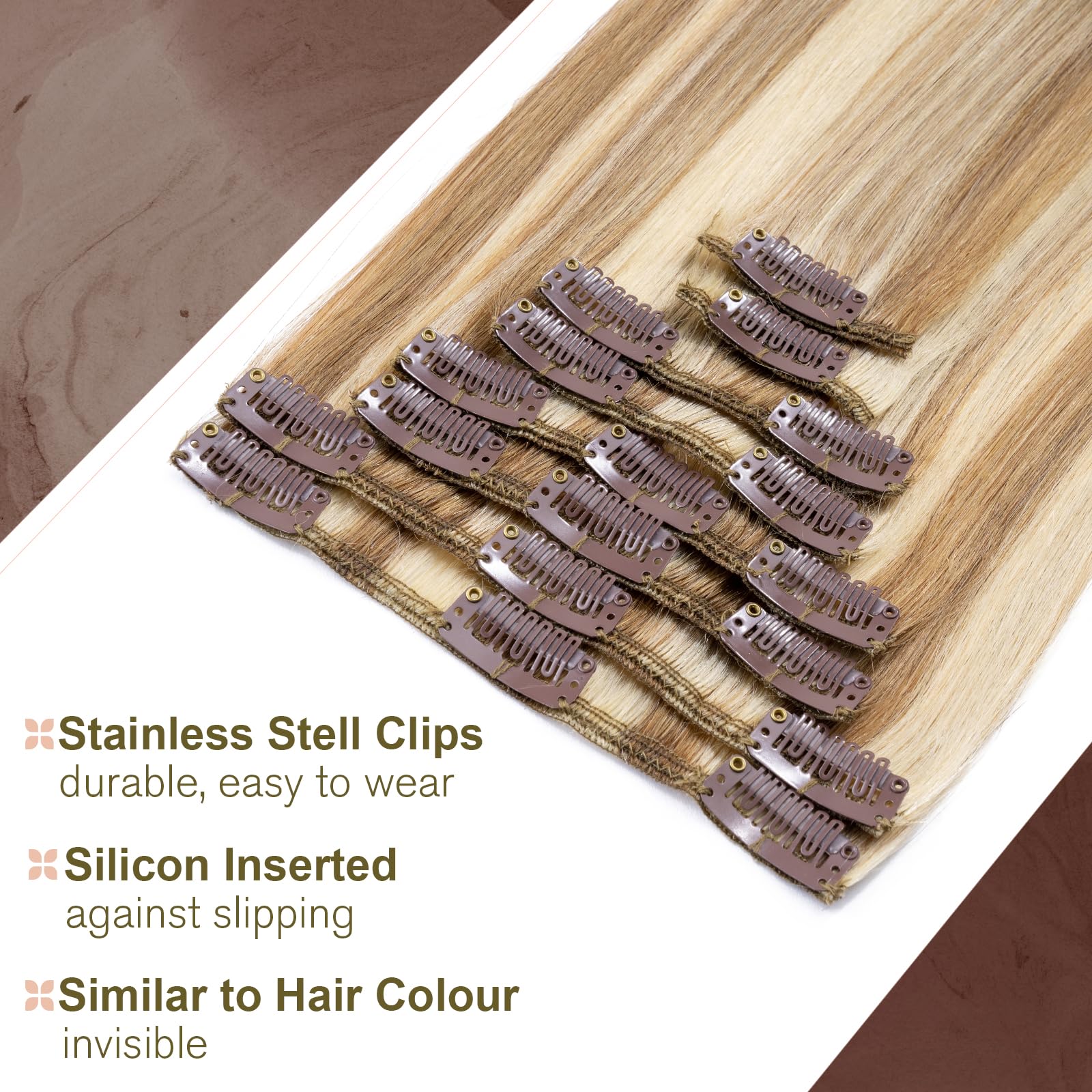 TESS Clip in Hair Extensions Real Human Hair Highlighted Remy Seamless 8 Pieces Straight for Women/Girls (#4P27 Medium brown&Dark blonde - Image 3