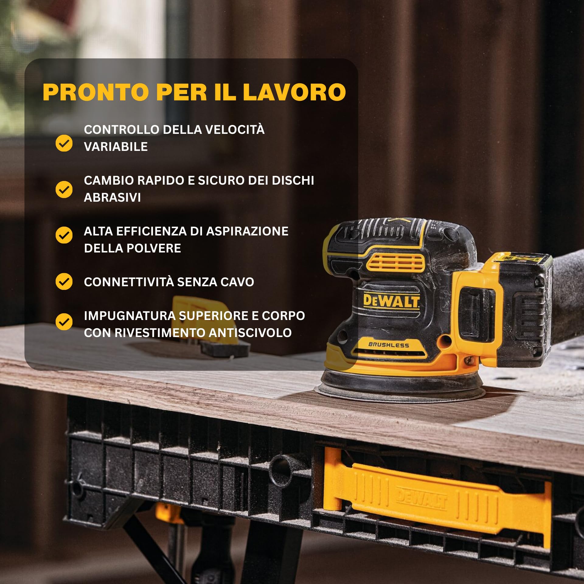 DEWALT Levigatrice Rotorbitale Brushless 18V XR, Platina 125mm, Regolazione Velocità, Impugnatura Ergonomica, Hook & Loop, Basse Vibrazioni, Interruttore Sigillato, Solo Corpo – DCW210NT-XJ