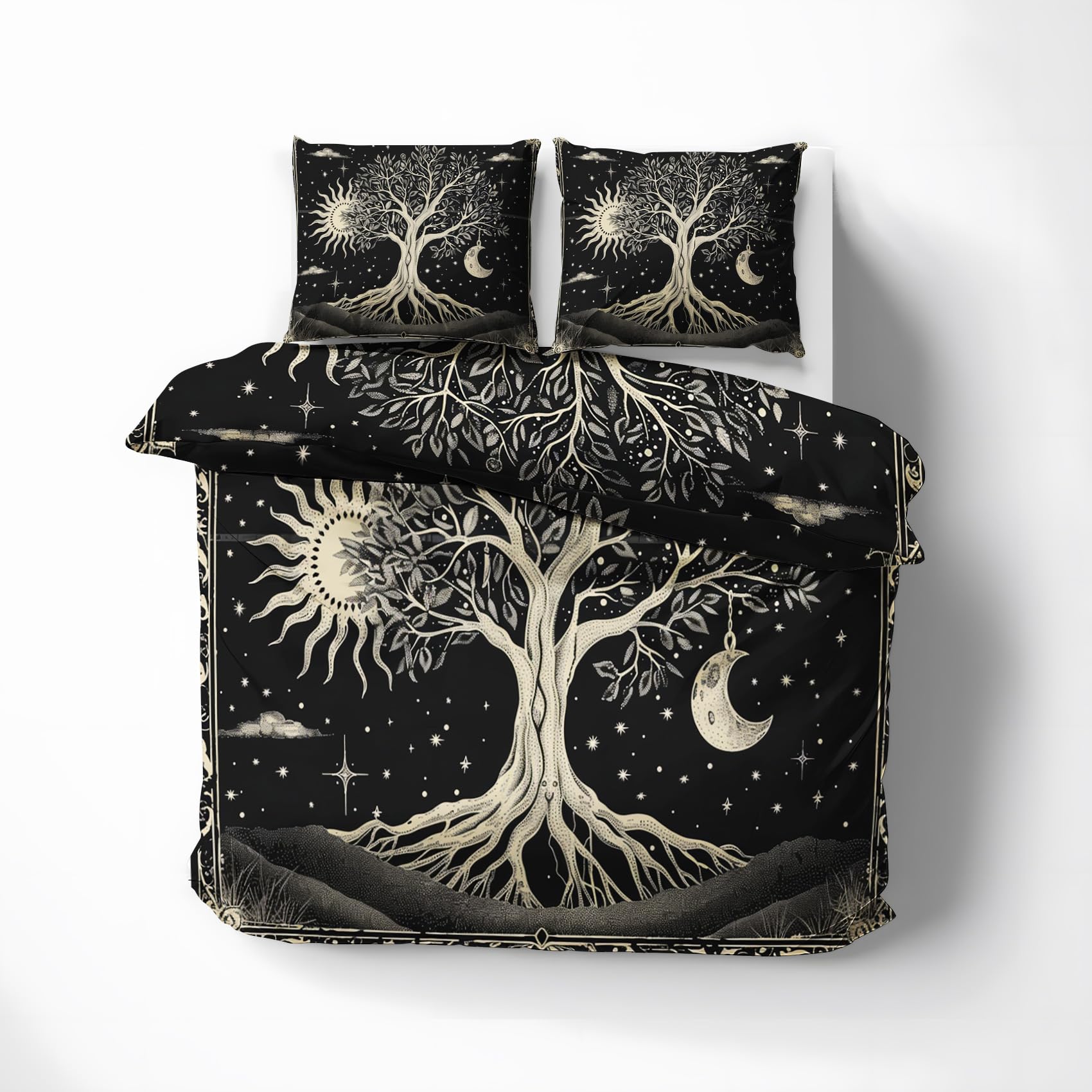 Housse de couette 200x200 arbre de vie avec parure de lit 2 personnes et taies d'oreiller