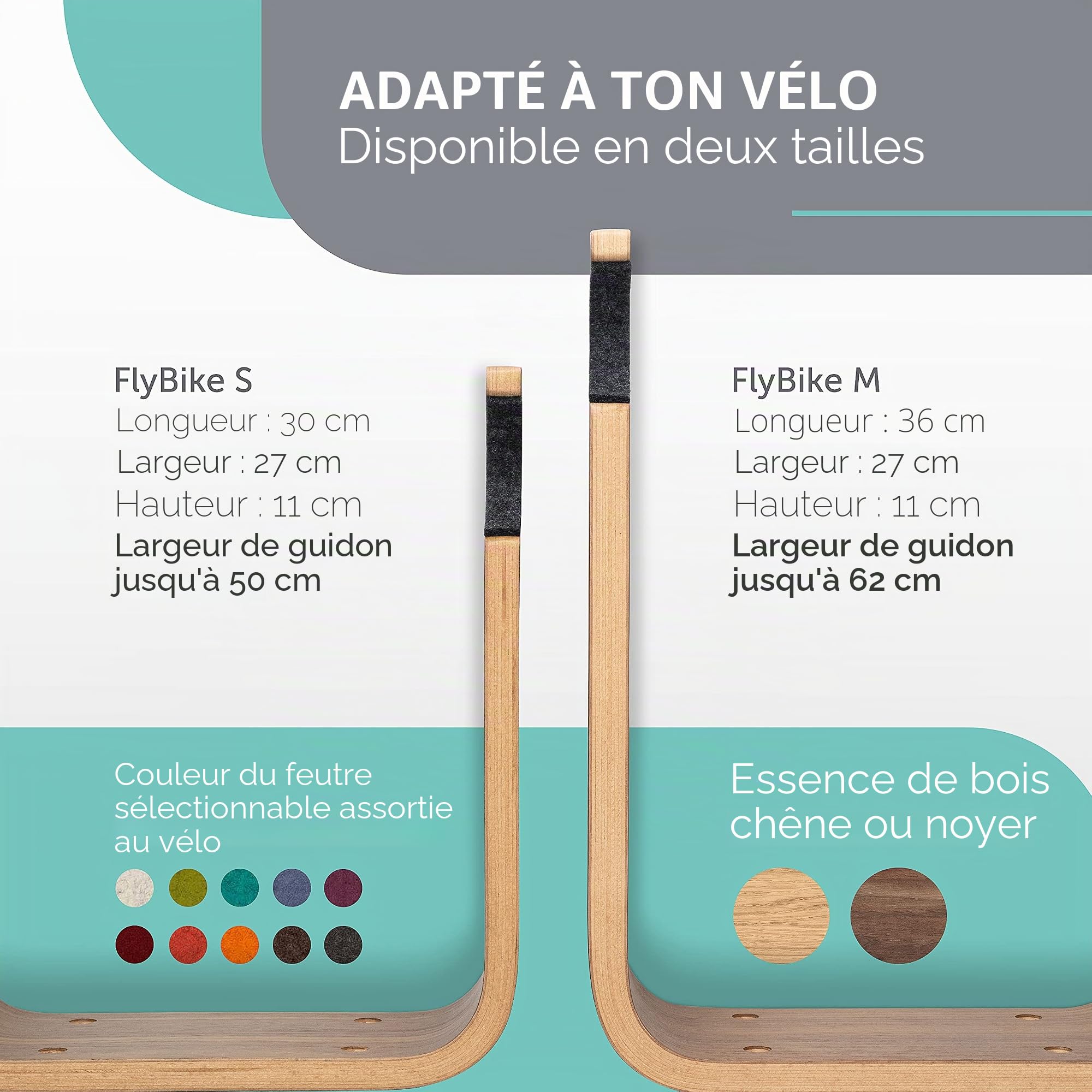 Support mural pour vélo en bois - FlyBike M Chêne - Support mural de vélo design pour appartement - Pour vélo de course, vélo de gravel, vélo de montagne, fixie, vélo singlespeed
