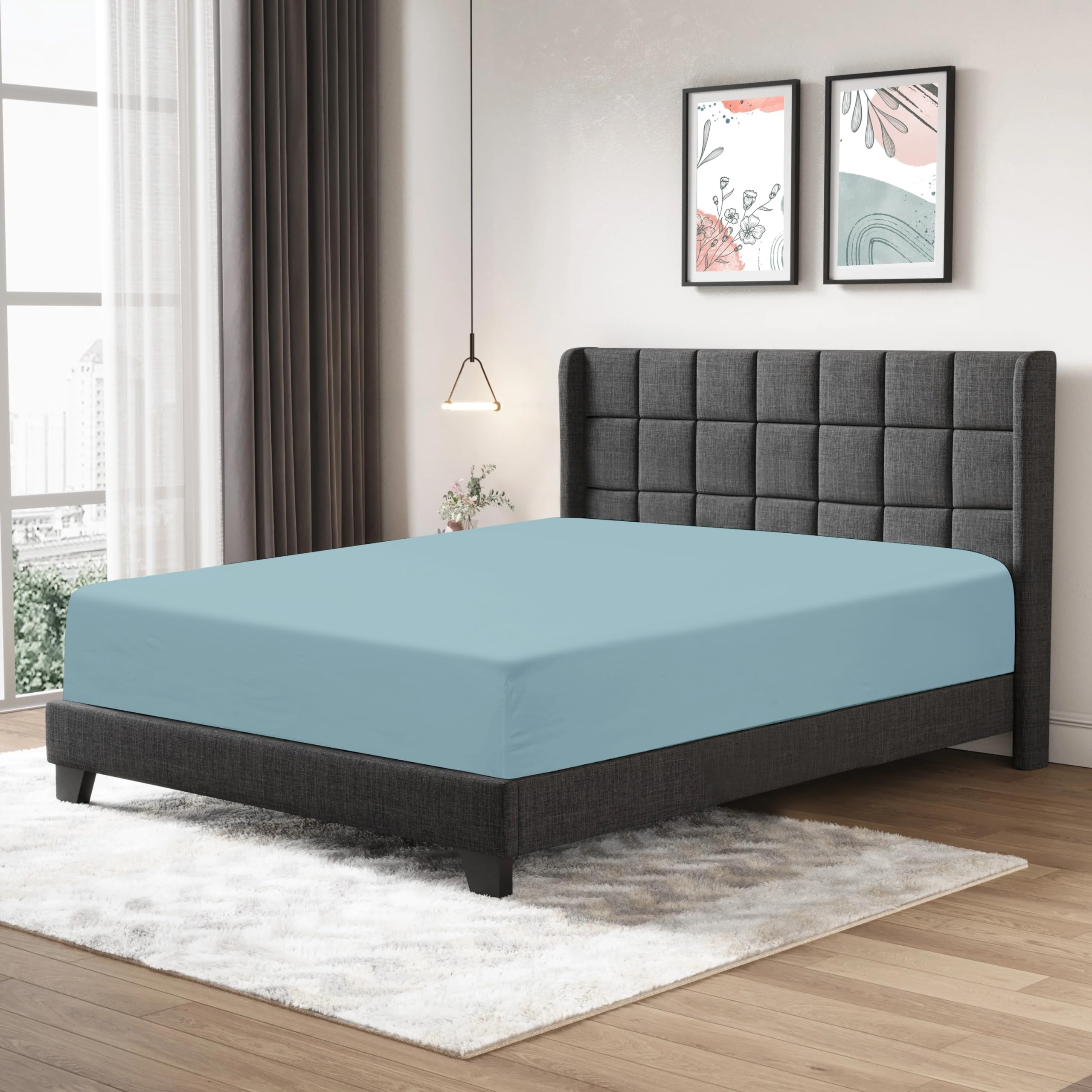 Fitted Sheet 25cm Deep Mattress Pocket 100% Egyptian Cotton 200 Thread Count Soft & Fade Resistant Bottom Fitted Bed Sheet (Duck Egg, Super King)