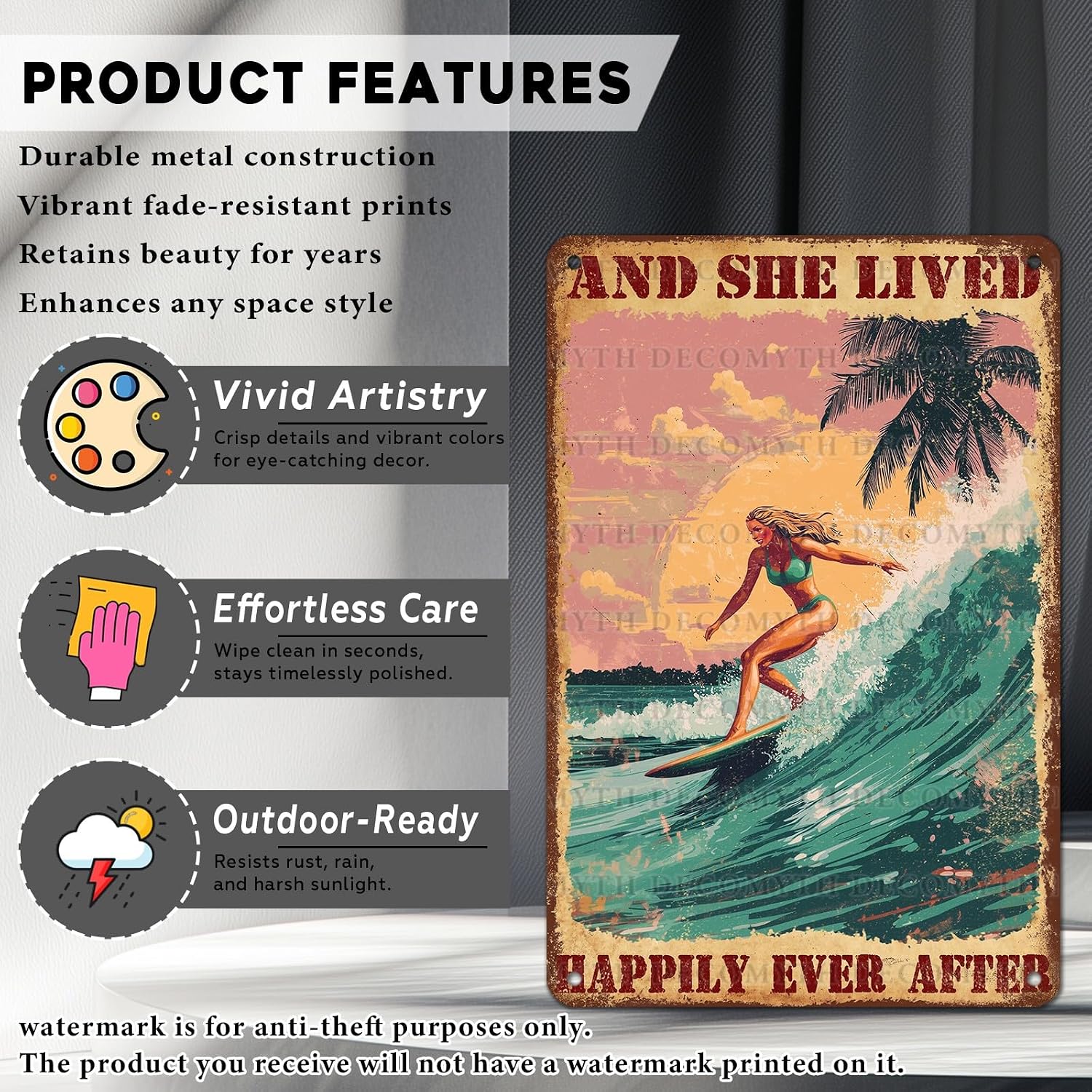 Retro Surf Tin Sign And She Lived Happily Ever After Vintage Woman Metal Poster Funny Wall Art Outdoor Shop Bar Cafe Bathroom and Room Garage Store Office 12 * 8inch image 2