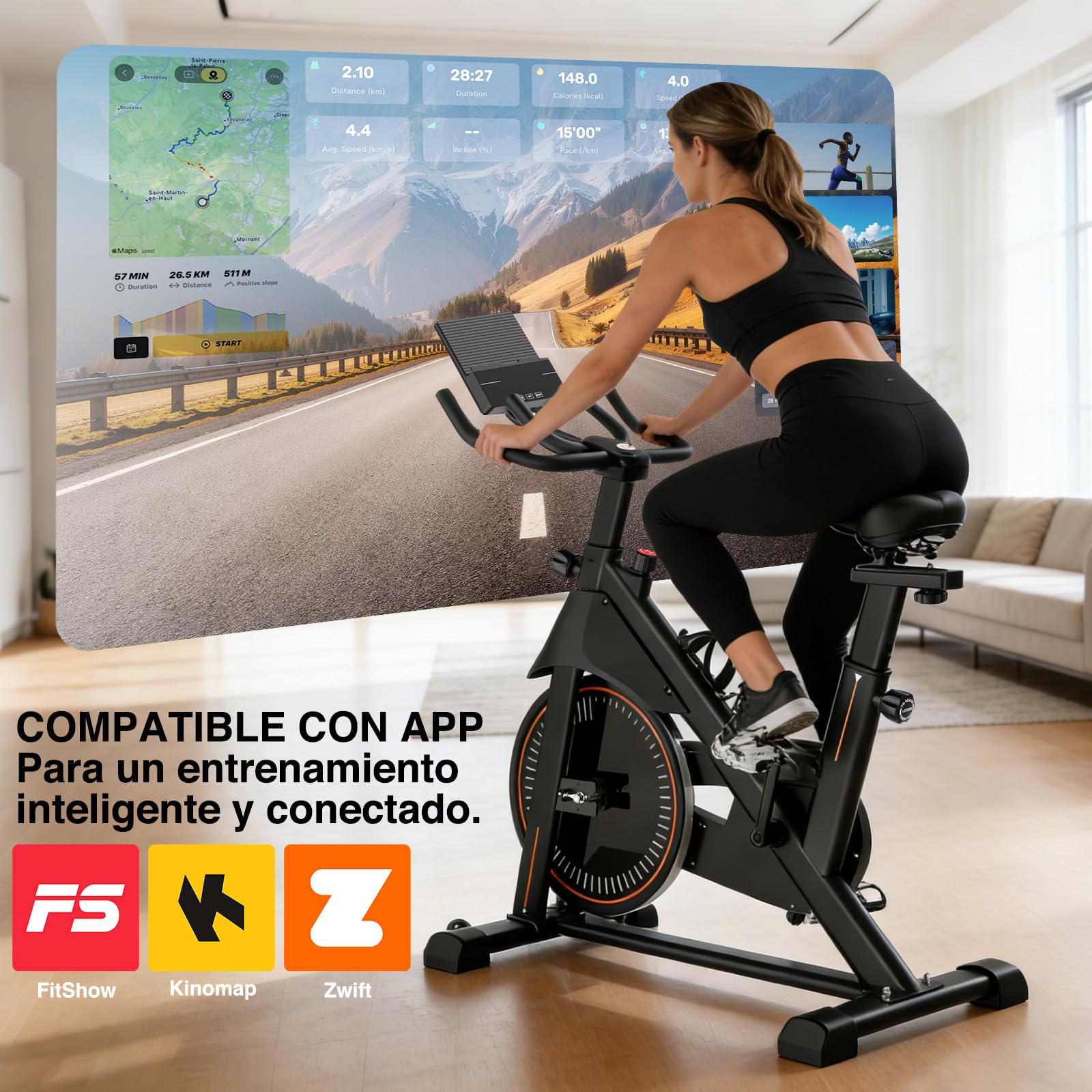 DH FitLife Bicicleta Estática para Casa 2026, Silenciosa con Resistencia Magnética, Freno de Emergencia, Ajustable 150–195 cm, Pulsómetro, APP y Monitor para Cardio en Casa | APP & Sensor de Pulso|Manillar Multi-Posiciones|Sillín Ajustable|Freno de Emerge