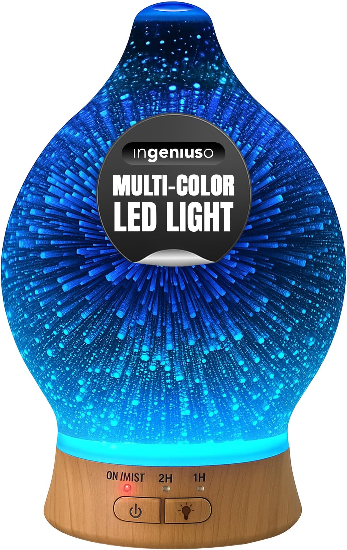 Aromatherapy Essential Oil Diffuser for Therapeutic Oils, w/ 3D Glass Vase | Cool Mist Difusor for Bedroom | LED Color Light Display & Auto Shut-Off | Humidifier, Fragrance Machine for Home & Dorm Use