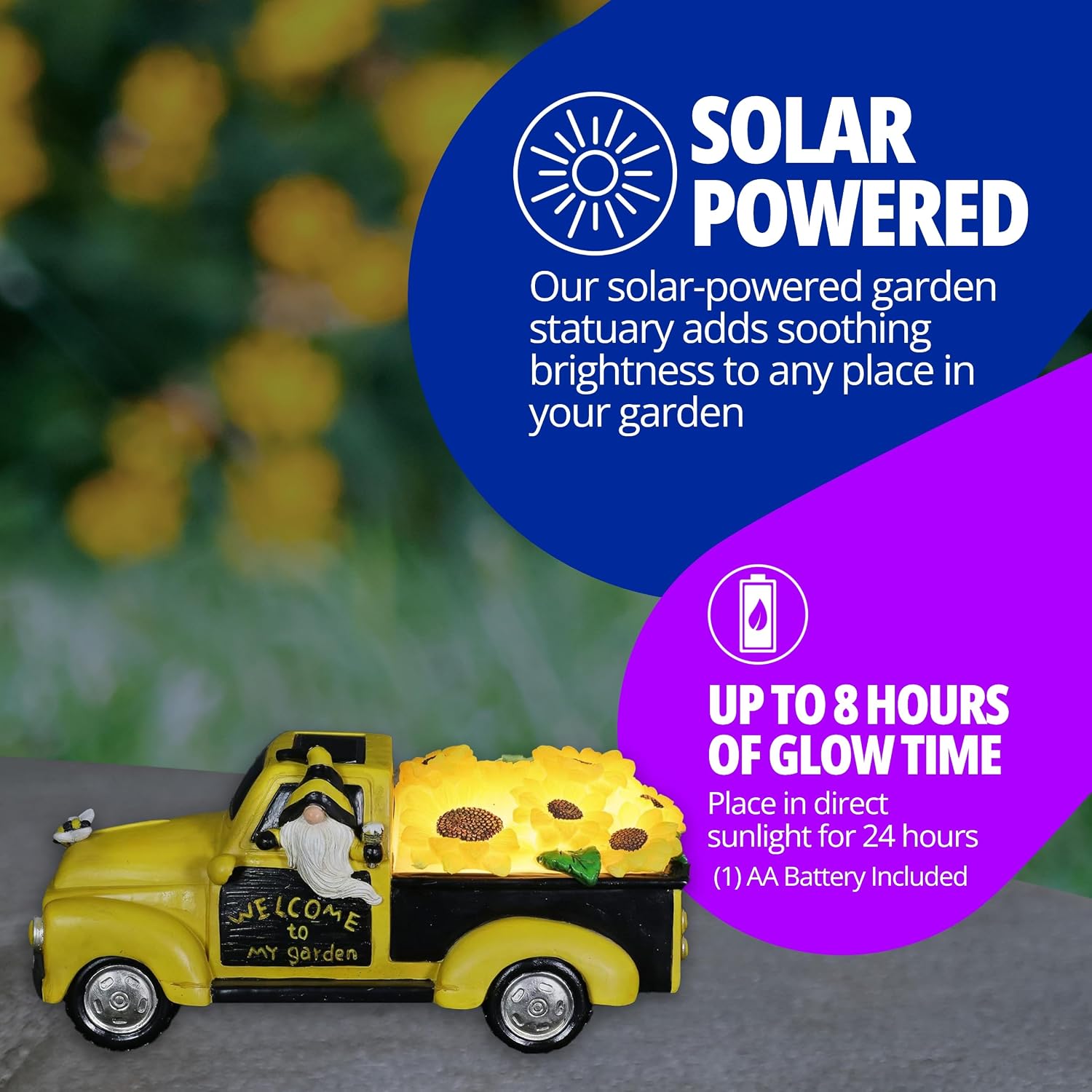 Exhart Garden Sculpture, Solar Yellow Beekeeper Truck Garden Gnome Statue, LED Sunflowers, Outdoor Lawn and Yard Decoration, 5 x 11.5 x 5 Inch
