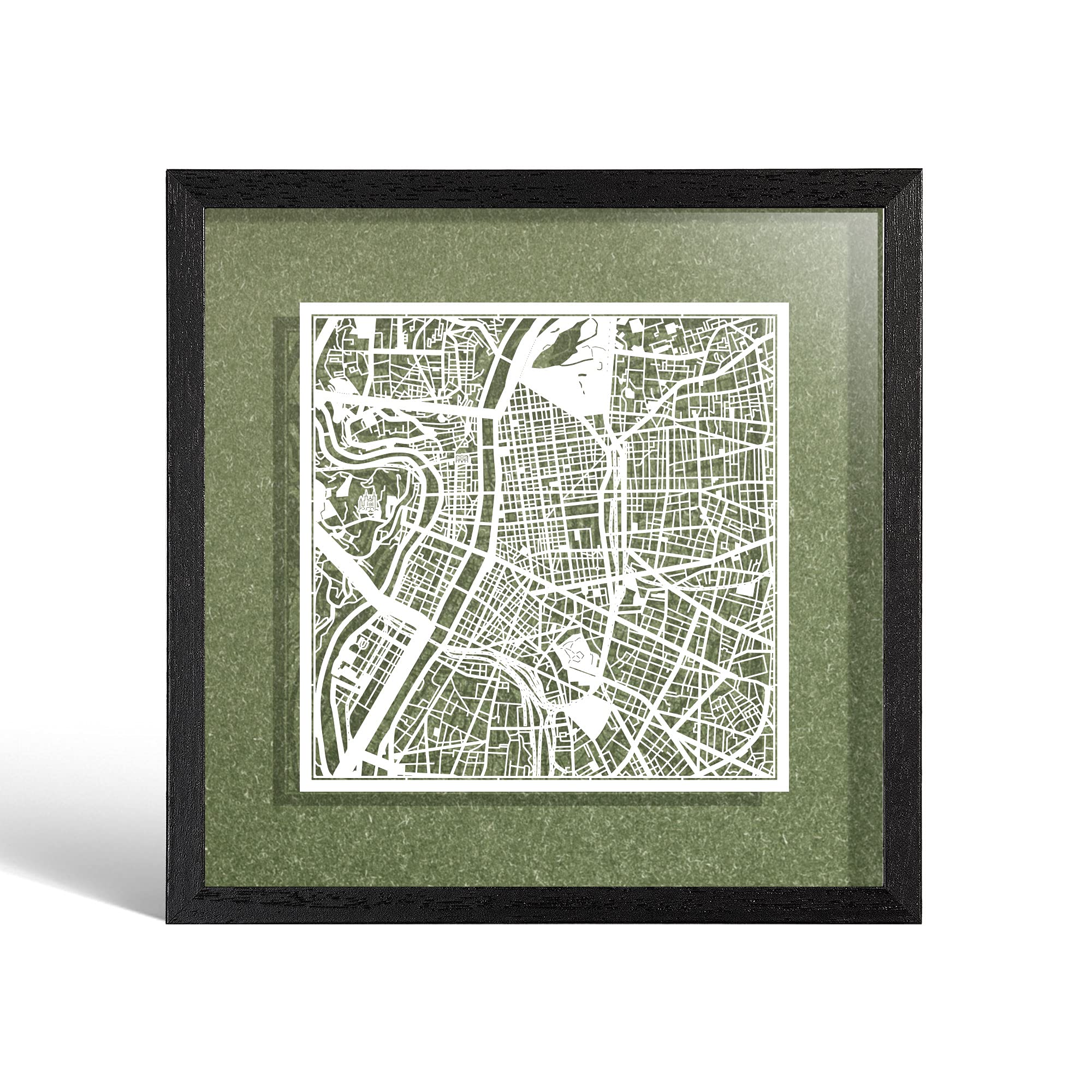 O3 DESIGN STUDIO Lyon Paper Cut Map framed, White map, Black frame, 23x23 cm, Gift Boxed, 4 background color, self-changing, Paper Art