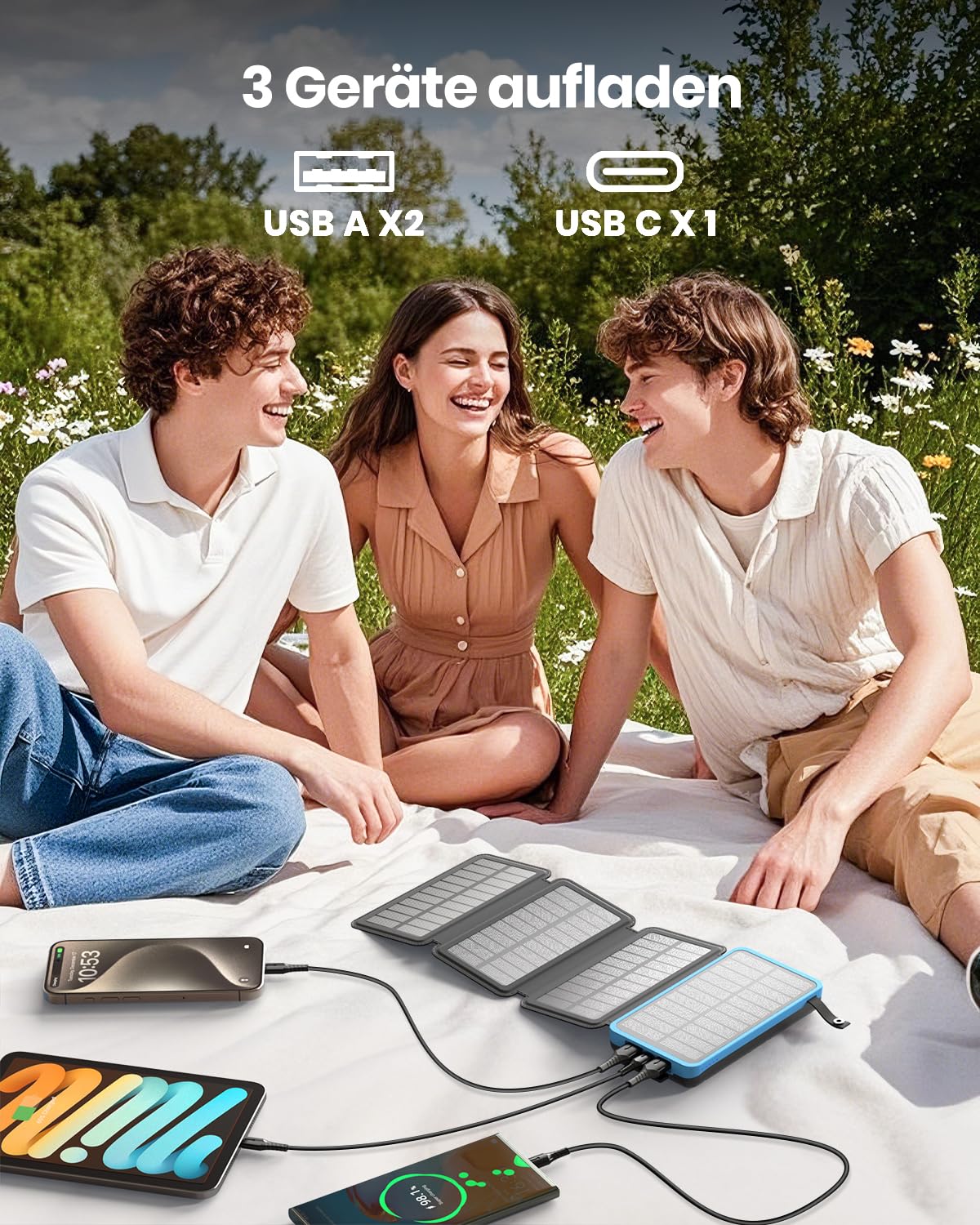 A ADDTOP Solar Power Bank - 25000 mAh Solar PowerBank mit 4 Solarpanels - 3.0A Schnelllade Ladegerät Tragbare Akkupack Externe Handyakkus mit 3 Ausgangs für Smartphone Tablet