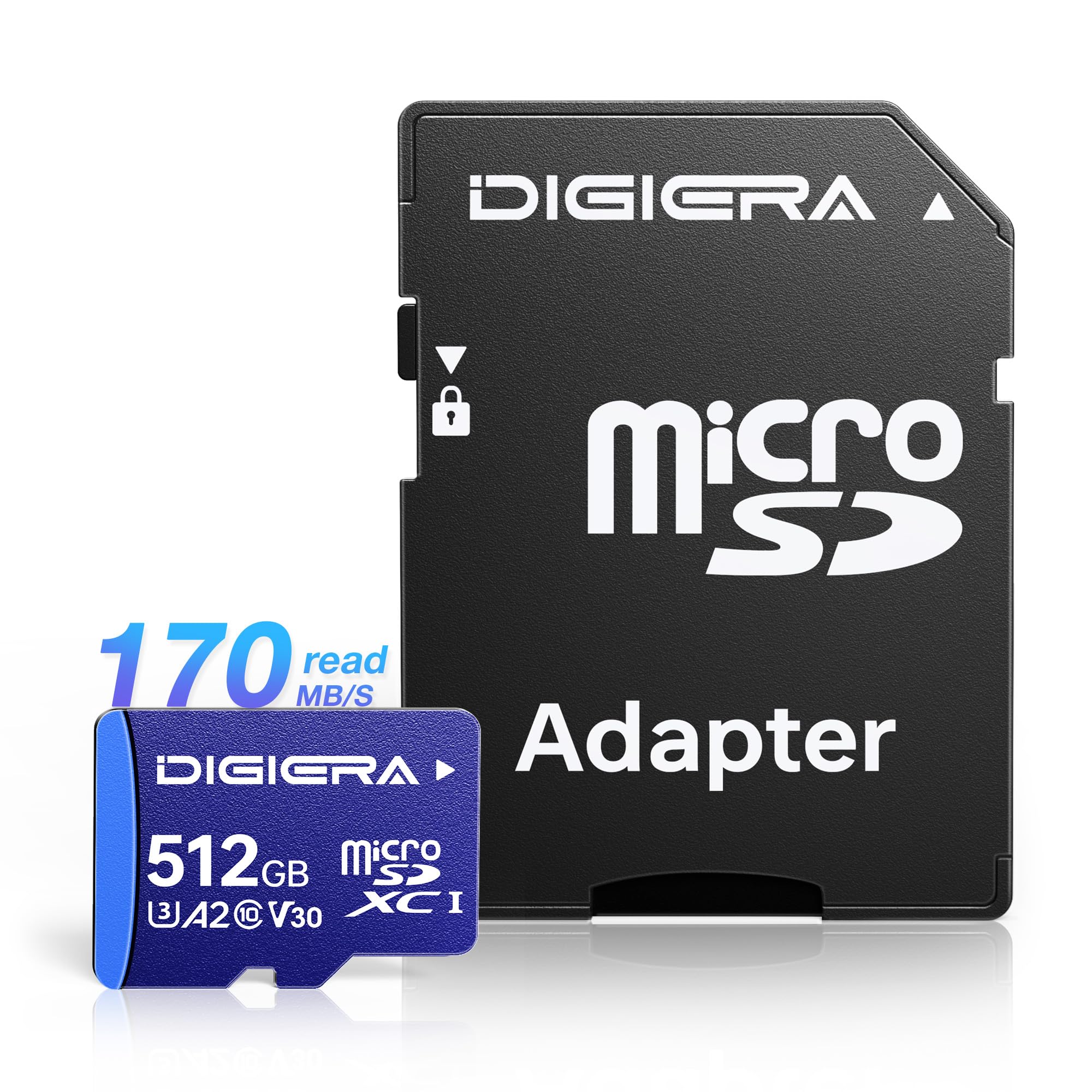 DIGIERA Karta pamięci 512 GB LT100 microSDXC UHS-I z adapterem - do 170 MB/s, C10, U3, V30, 4K, A2, karta micro SD do smartfonów, tabletów, aparatów, konsol do gier i dronów (1 opakowanie)