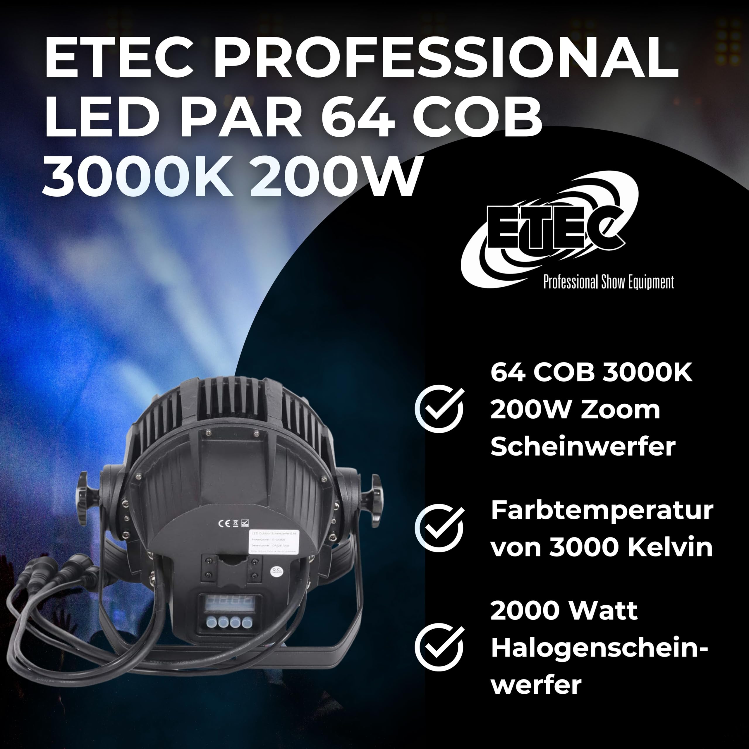 ETEC Professional LED PAR 64 COB 3000K 200W Zoom Scheinwerfer Theater Stufenlinse Spot warmweiß Bühne Kanne Show Event DJ Licht