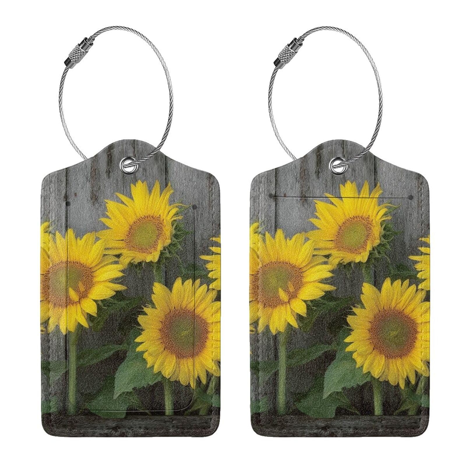 4 etiquetas de equipaje de piel sintética para maleta, girasoles brillantes contra madera vieja con bucle de acero inoxidable, etiqueta de identificación de cubierta de privacidad para mujeres y