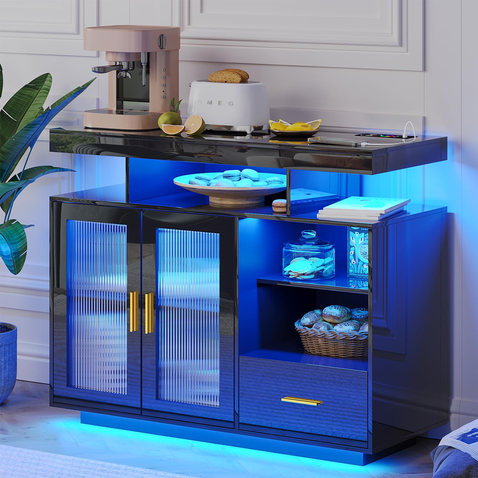 Diagram showing dimensions of the WOOVIVS LED Sideboard Buffet and package details.