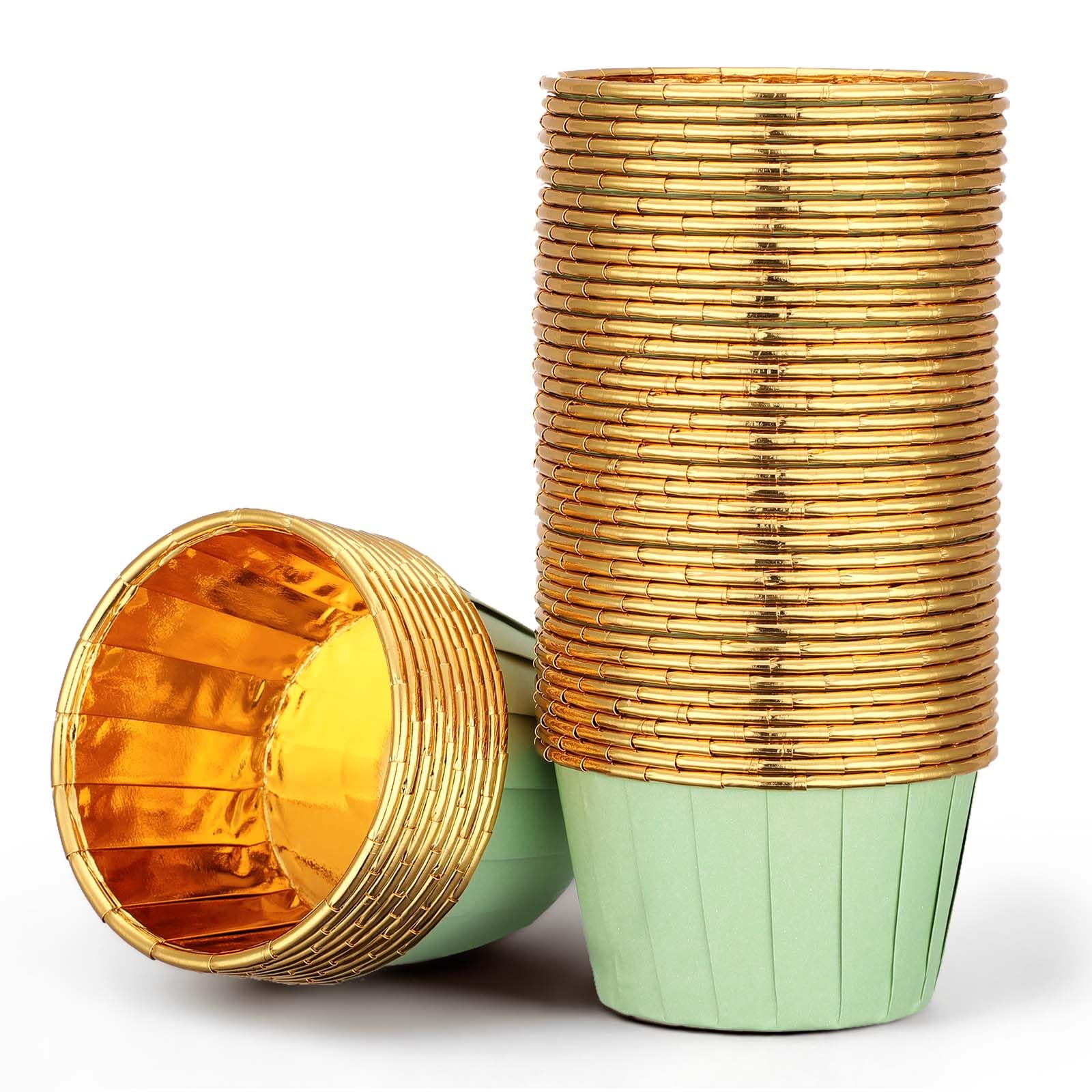 EUSOAR Cupcake Cups, 50pcs 3.5oz Muffin Cupcake Liners Disposable Ramekins, Aluminum Foil Wrappers Paper Dessert Containers Mini Cheesecakes Holders for Birthday Wedding Party-Light Green/Gold
