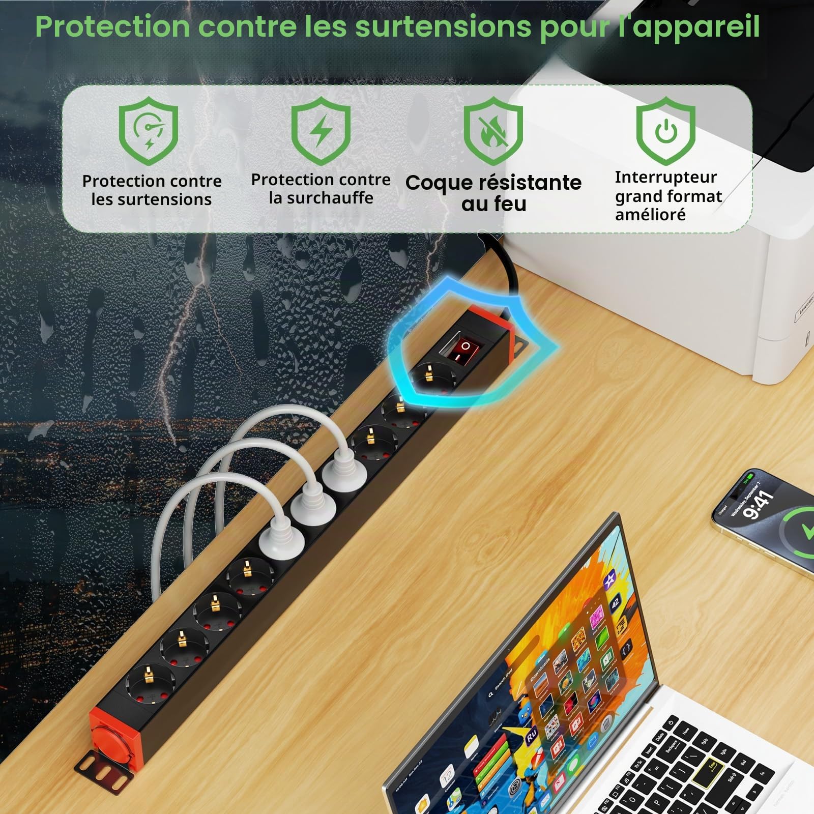 Multiprise Aluminium 10 Prises Parafoudre Surtension, Bloc Prise Murale avec Interrupteur, Rotation 360°, Cordon 1,8m, 4000W/16A, Noir, Maison & Bureau