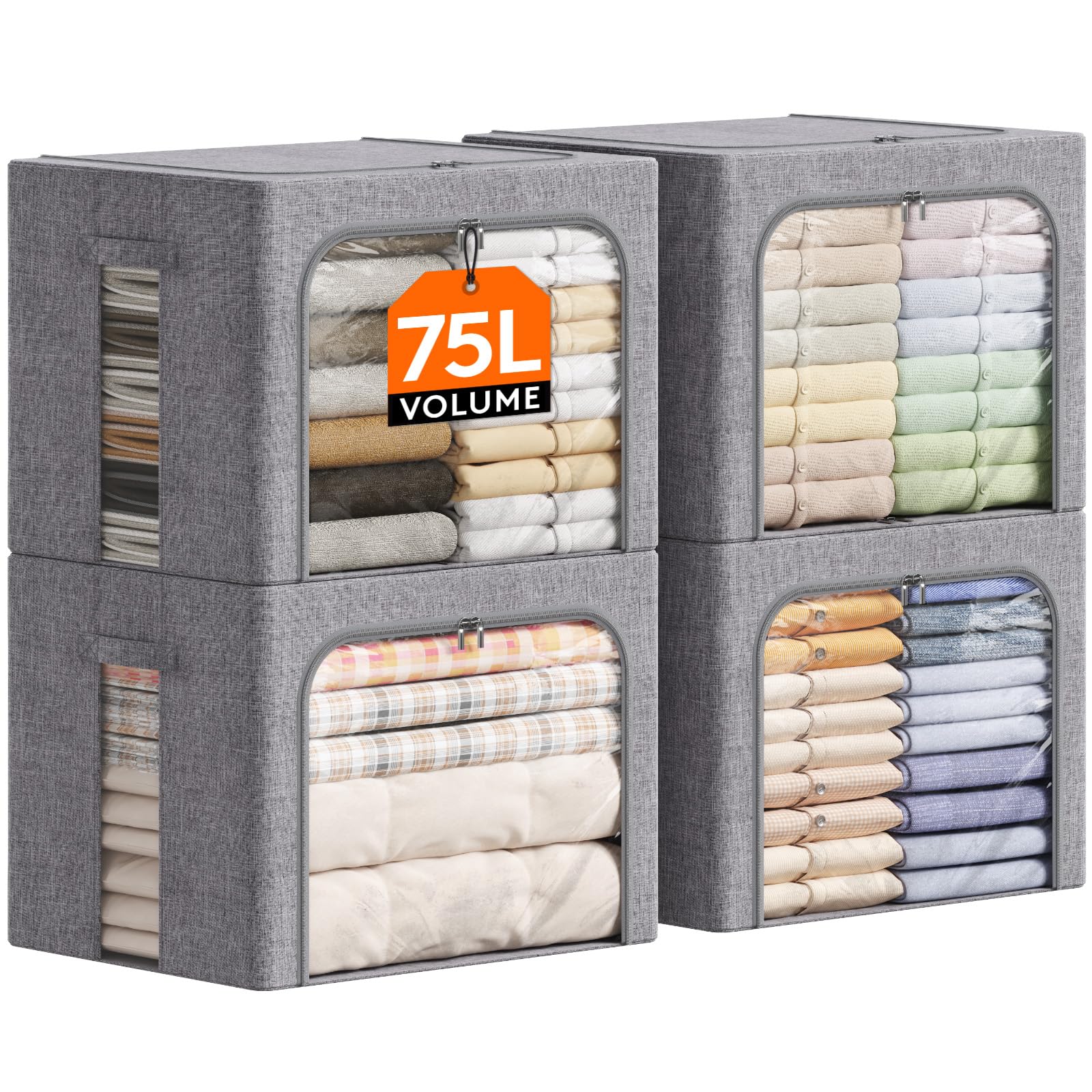 Lifewit 4 pezzi Scatole per Armadio Rigide con Cerniera, Organizzatore Armadio con Struttura in Metallo Pieghevole, Contenitori per Armadio Impilabili per Vestiti, Trapunte, Piumone, Grigio, 75L