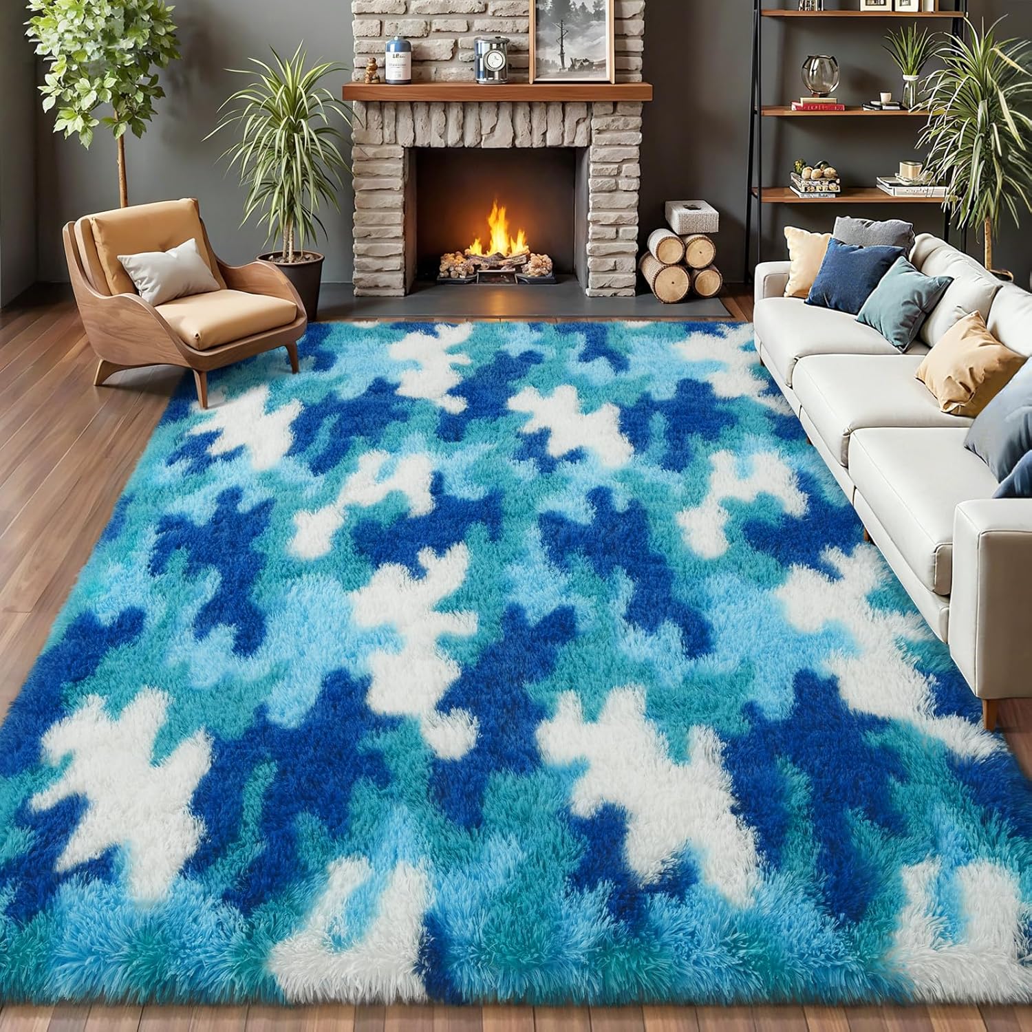 AROGAN Soft Fuzzy Kids Rugs for Girls Room Playroom 4x6 Feet, Fluffy Cute Colorful Princess Carpet for Kids Teens Nursery Toddler, Bedroom, Camouflage Blue and White