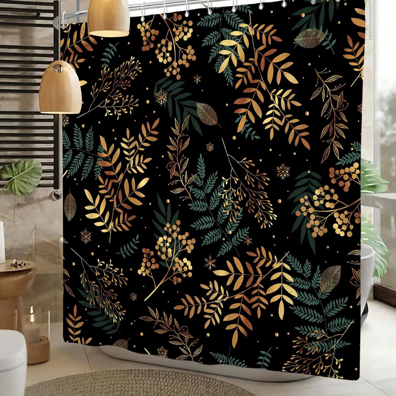 Nature Plants Shower Curtain Black Gold Green Botanical Branches Leaves Printed Bath Curtain Waterproof Washable Fabric Bathroom Bathtub Decor Shower Curtain Set with Hooks 72x84 Inch