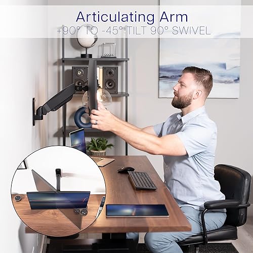 Miniatura 7 de VIVO Soporte de pared para monitor único con brazo neumático ajustable en altura, articulación de movimiento completo, se adapta a pantalla de 17 a