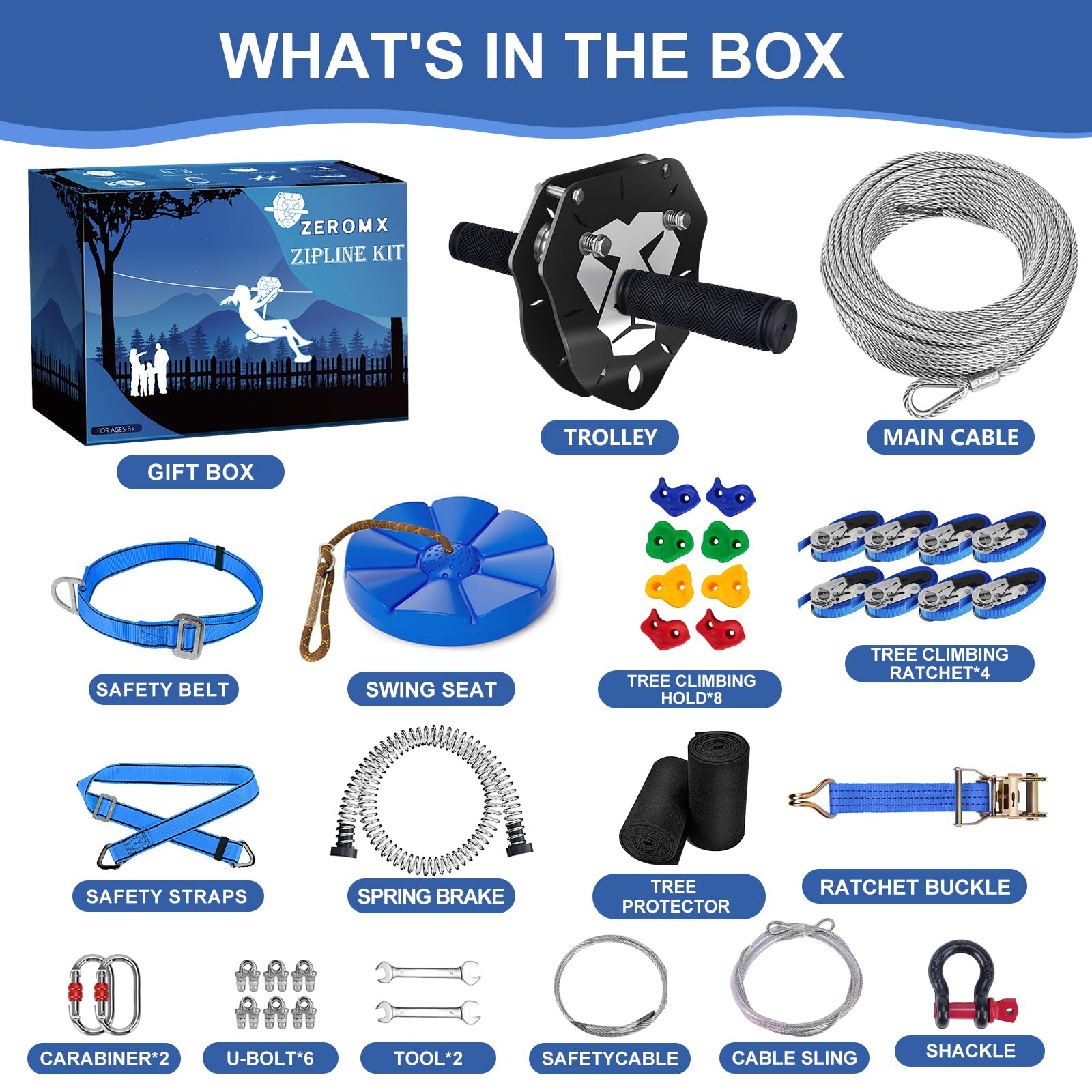 Kit Zip Line 48,8 m per bambini e adulti 172,4 kg - Carrello rimovibile con leone, freno a molla 2 m, protezioni per alberi