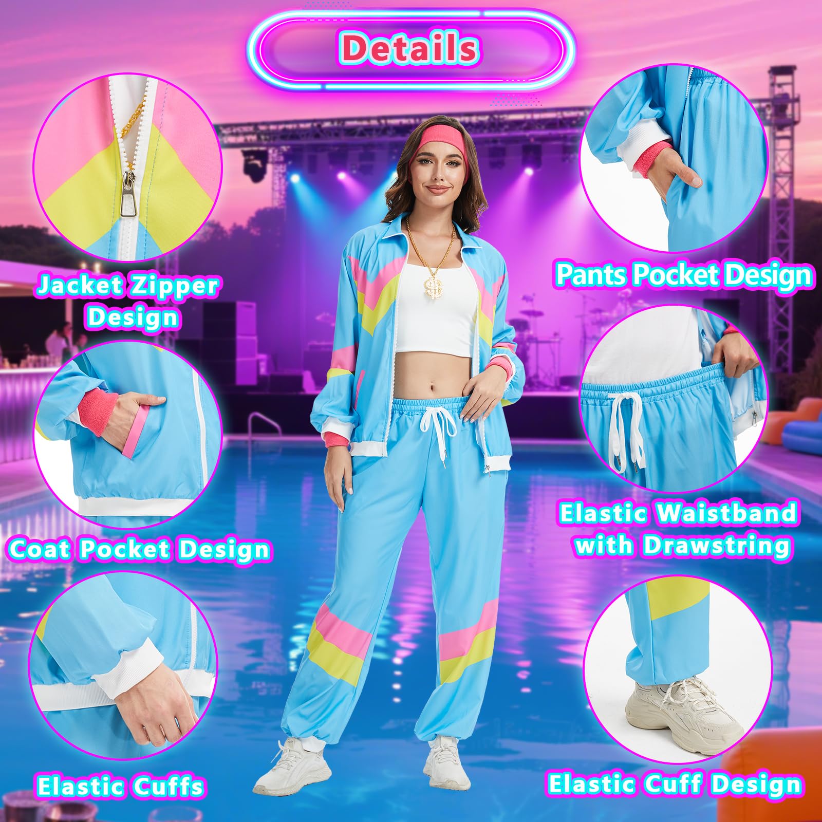 rumnigh 80s 90s Fancy Shell Suit Costume Men Women Adults, 80s Disco Hip Hop Tracksuit for Halloween Carnival Party (Blue, M) - Image 3