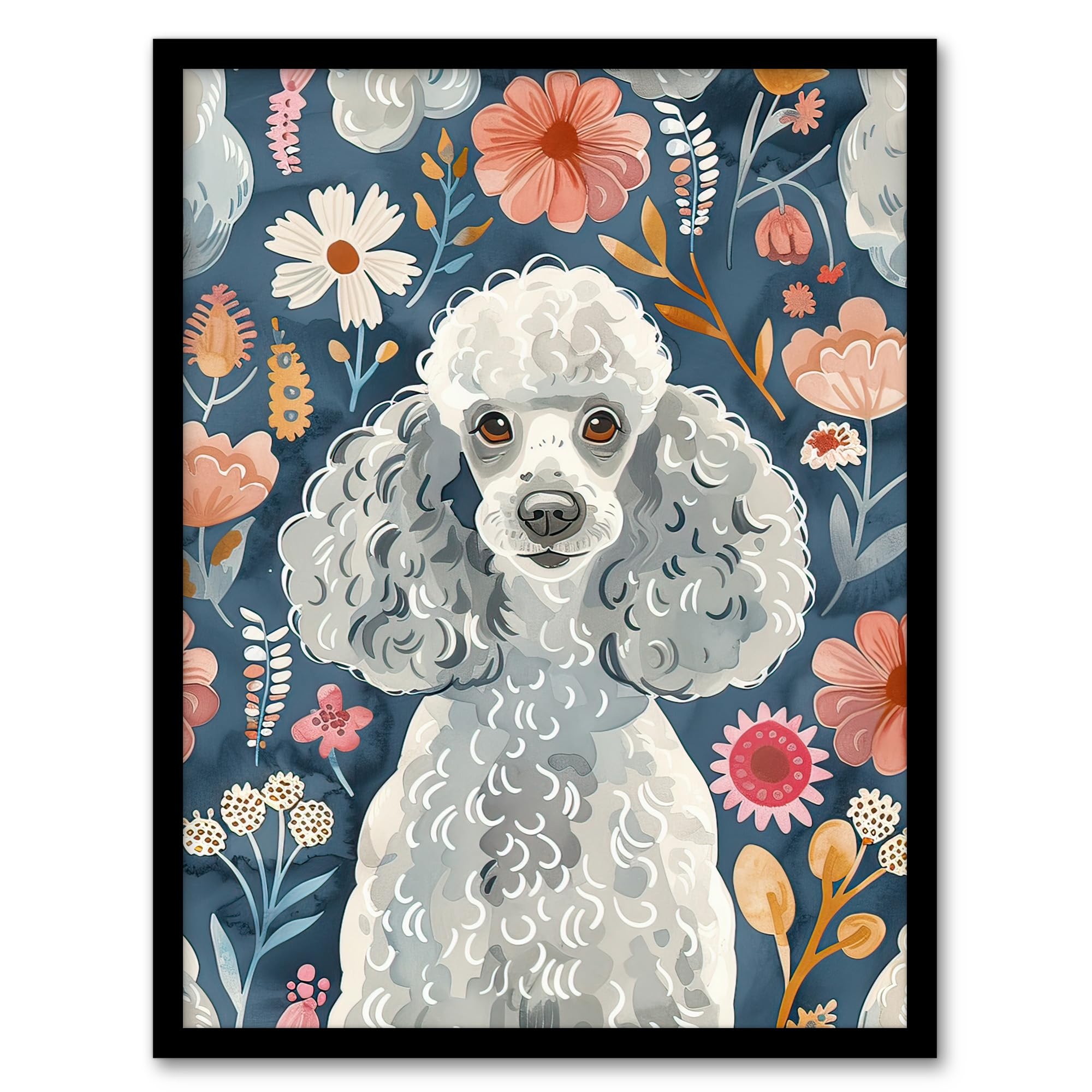 Artery8 Cute Poodle Floral Portrait Blue Pink Dog Lover Wall Art PrintA4 Size from B&Q