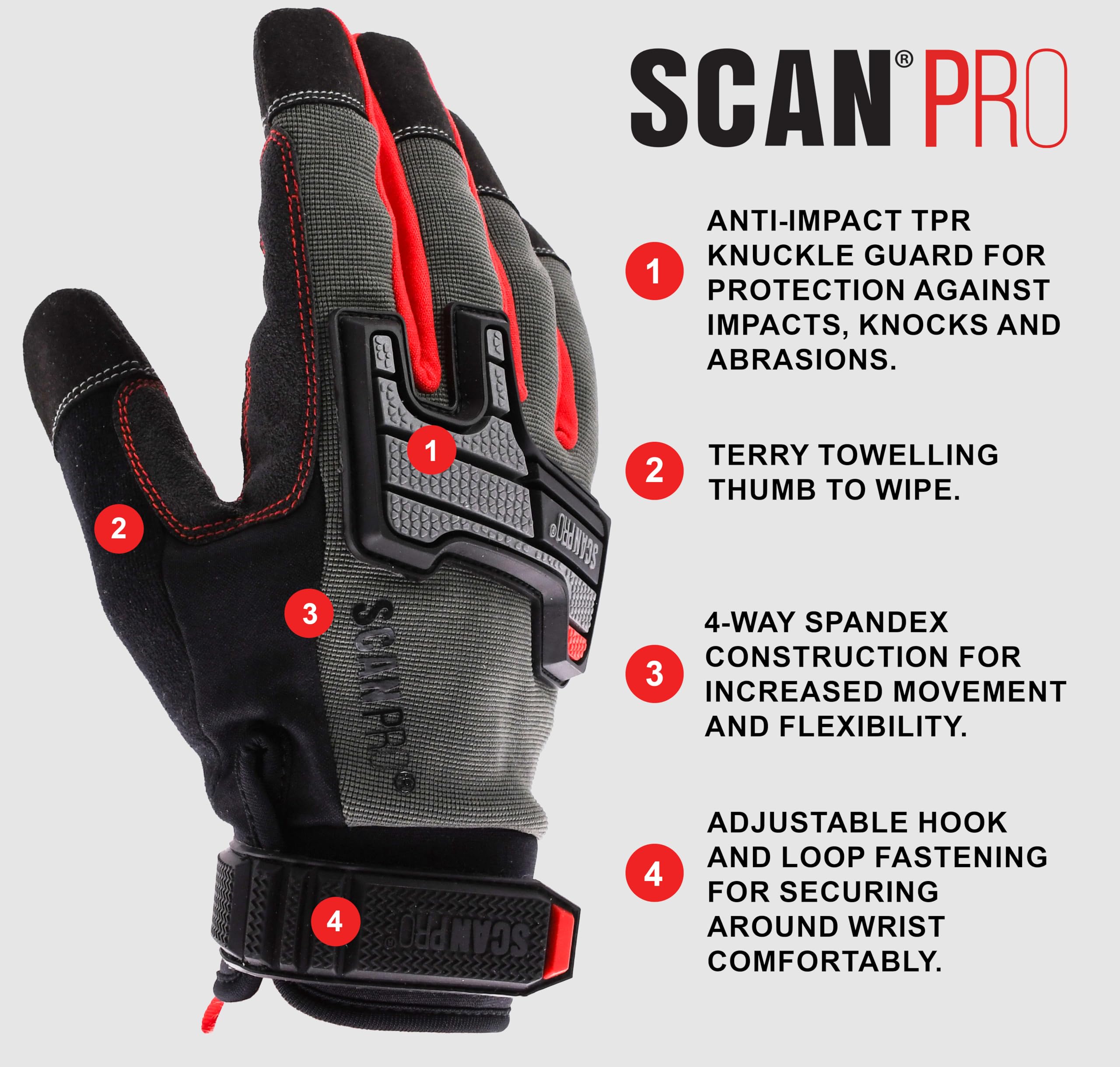 Scan Pro Mechanics Gloves, Protective Work Gloves with Reinforced Grip Palm, Anti-Impact Knuckle Protection - Image 3