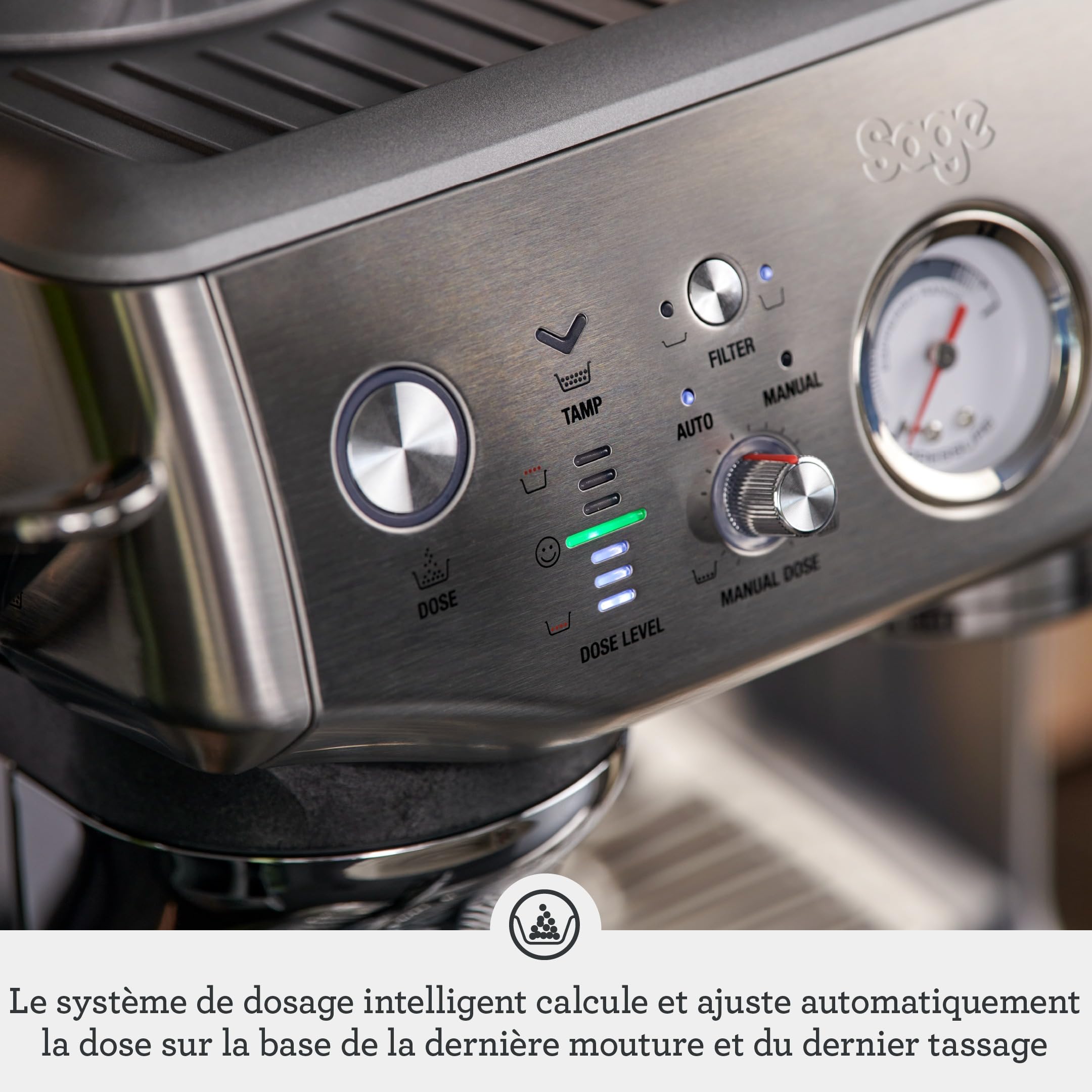 Sage The Barista Express Impress, Acier Inoxydable Brossé | Moulin à Meules Coniques 25 Réglages, Dosage Intelligent, Tassage Assisté 10kg; Porte-Filtre 54mm pour un Espresso Précis