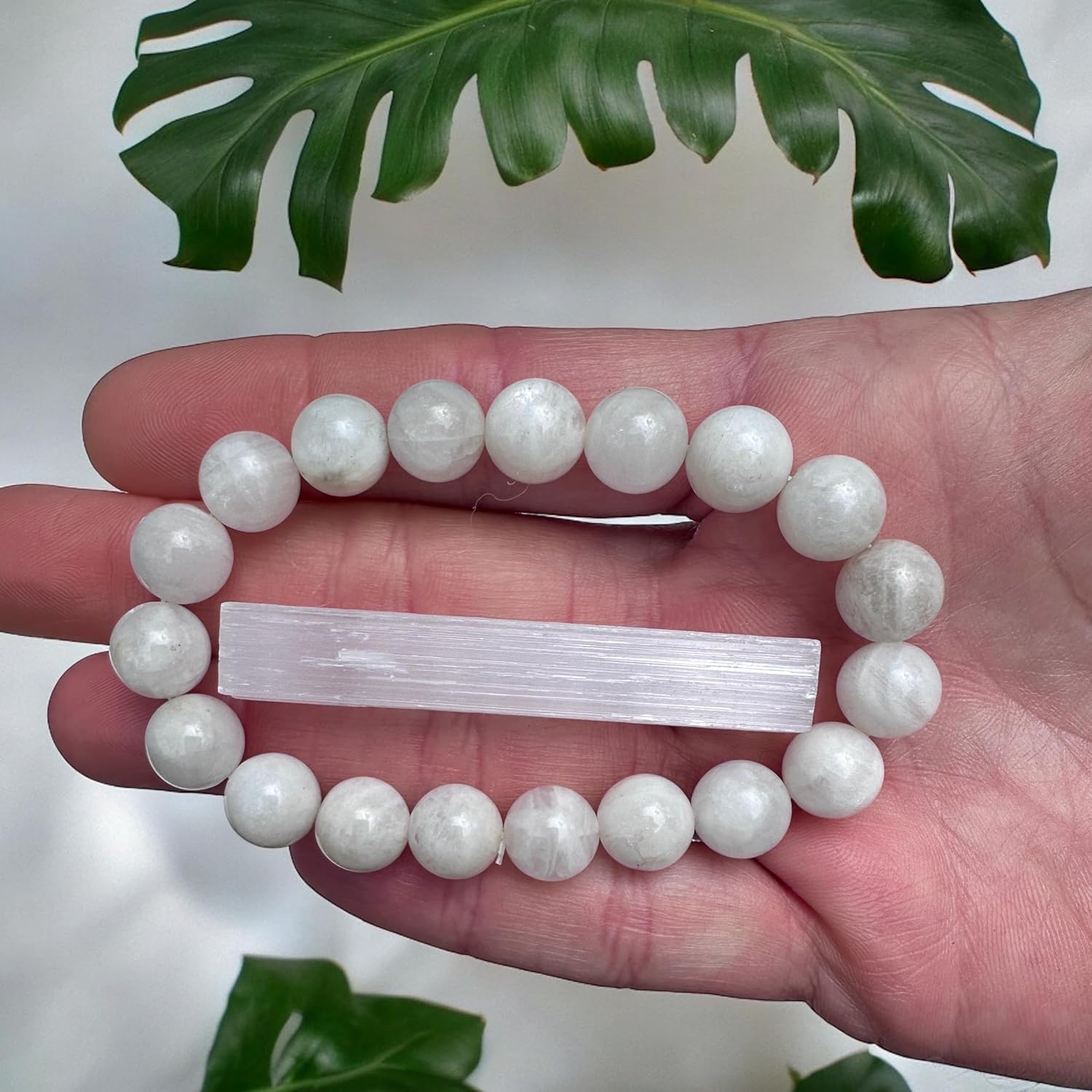 10mm White Moonstone Bracelet Gift Set with Selenite, and Informational Cards Metaphysical Healing Crystal Stretch Bracelet 7.25-7.50 Inches Unisex Reiki Stone of the Divine Feminine