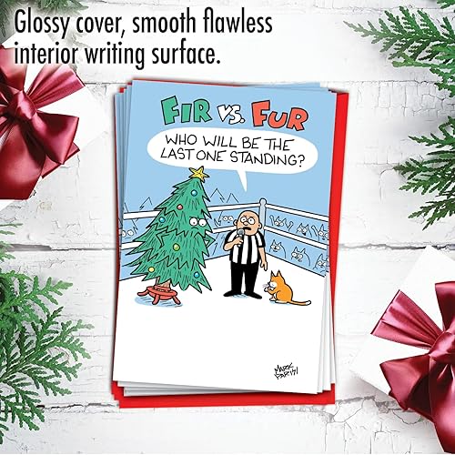 Miniatura 5 de NobleWorks Juego de 12 divertidas tarjetas de felicitación de Navidad a granel con sobres de 5 x 7 pulgadas (1 diseño, 12 cada uno) Cat Tree Fight