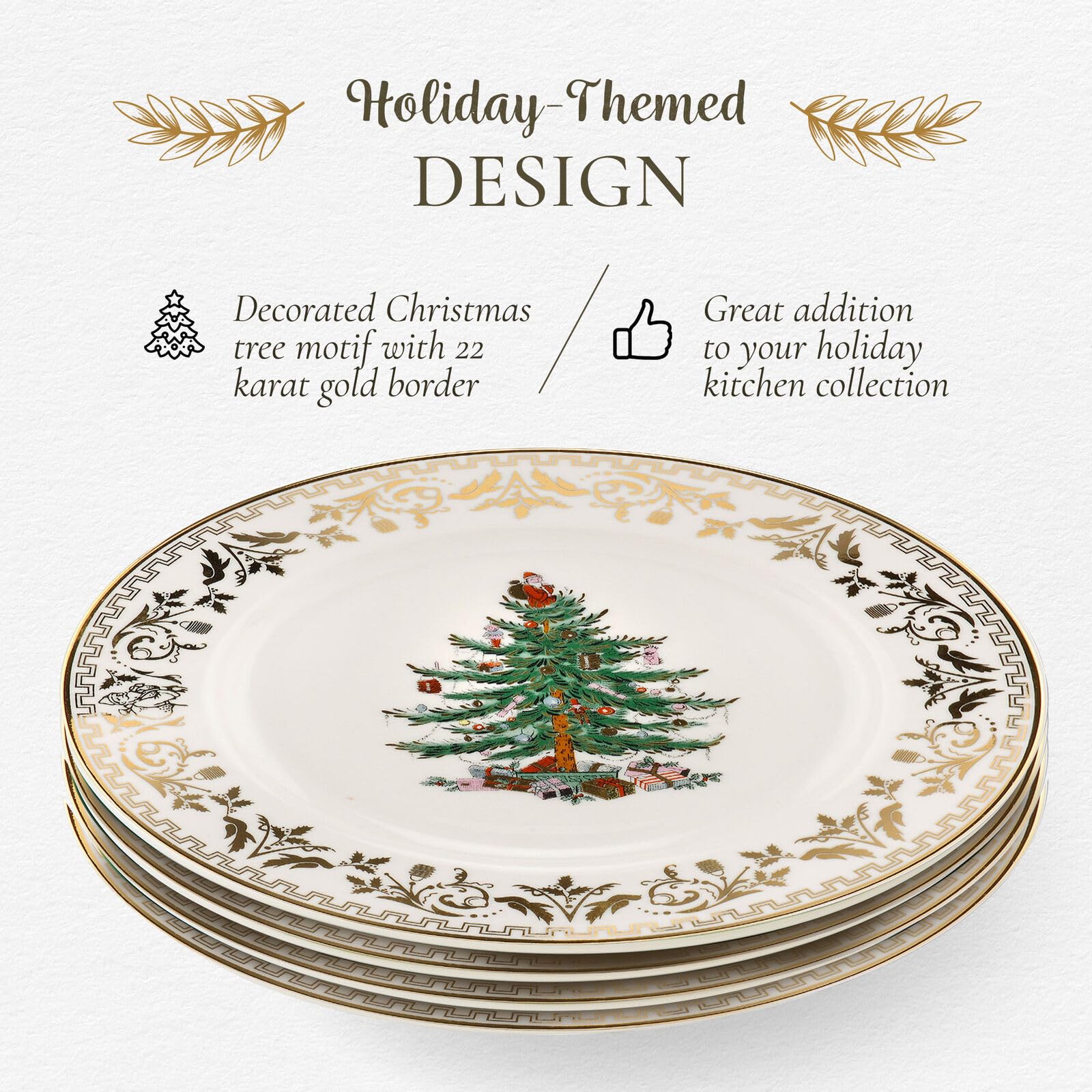Spode Christmas Tree Gold Salad Plate (Set of 4) – 8-Inch Porcelain Dinner & Appetizer, Christmas Dinnerware & Holiday Tableware, Microwave & Dishwasher Safe, Festive Seasonal Dining Plate