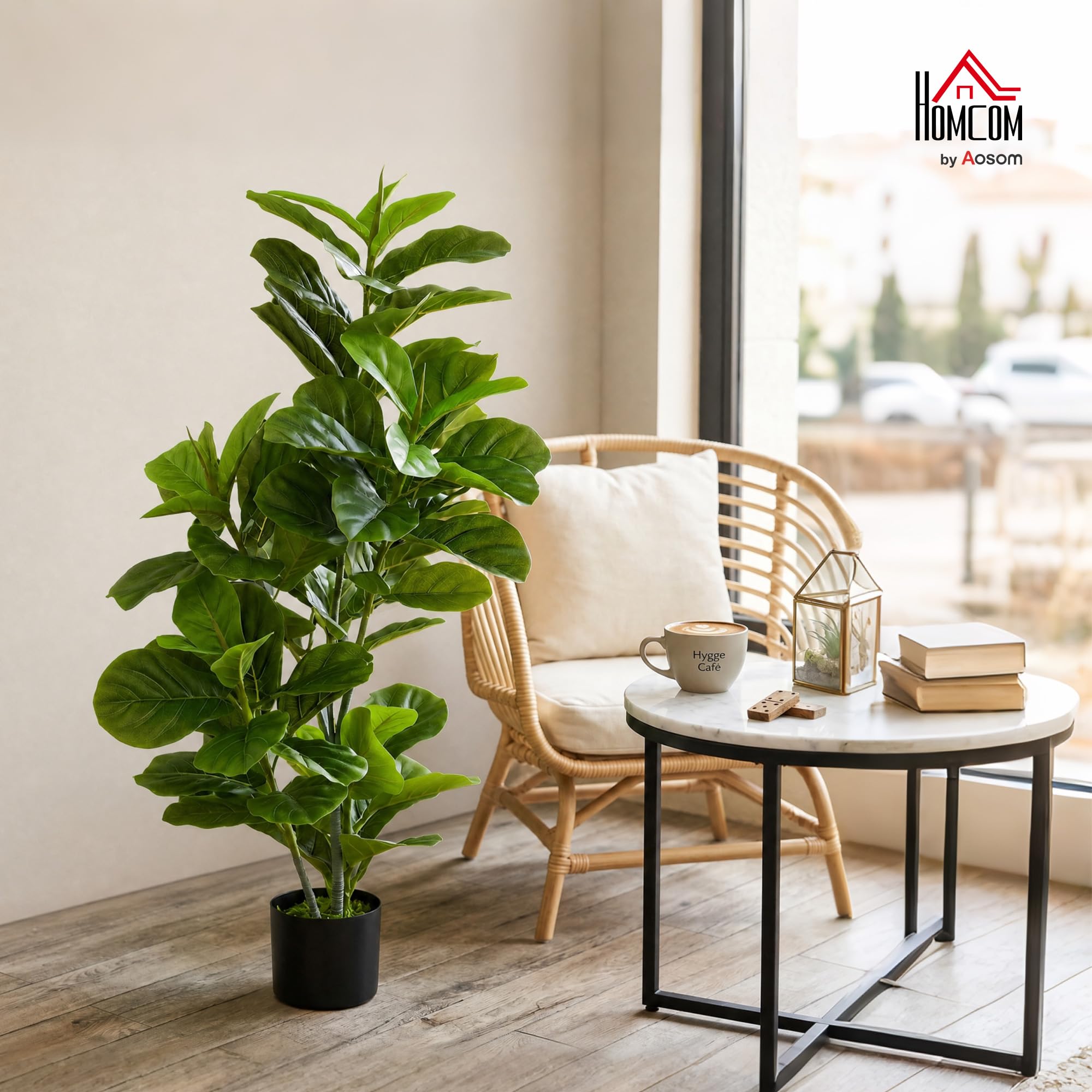 HOMCOM Planta Artificial Decorativa 110x15 cm Árbol Artificial de Ficus con 90 Hojas y Maceta para Interior Decoración para Sala de Estar Oficina Verde