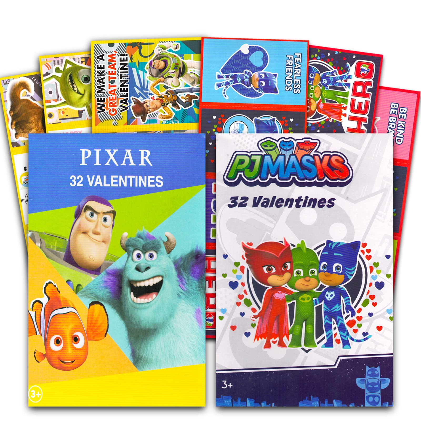 PJ Masks and Finding Nemo Valentines Cards for Classroom - 64pc Finding Nemo, Monsters Inc and More Valentine Cards with Stickers with PJ Masks Valentines Cards (Kids Valentine Exchange Cards)