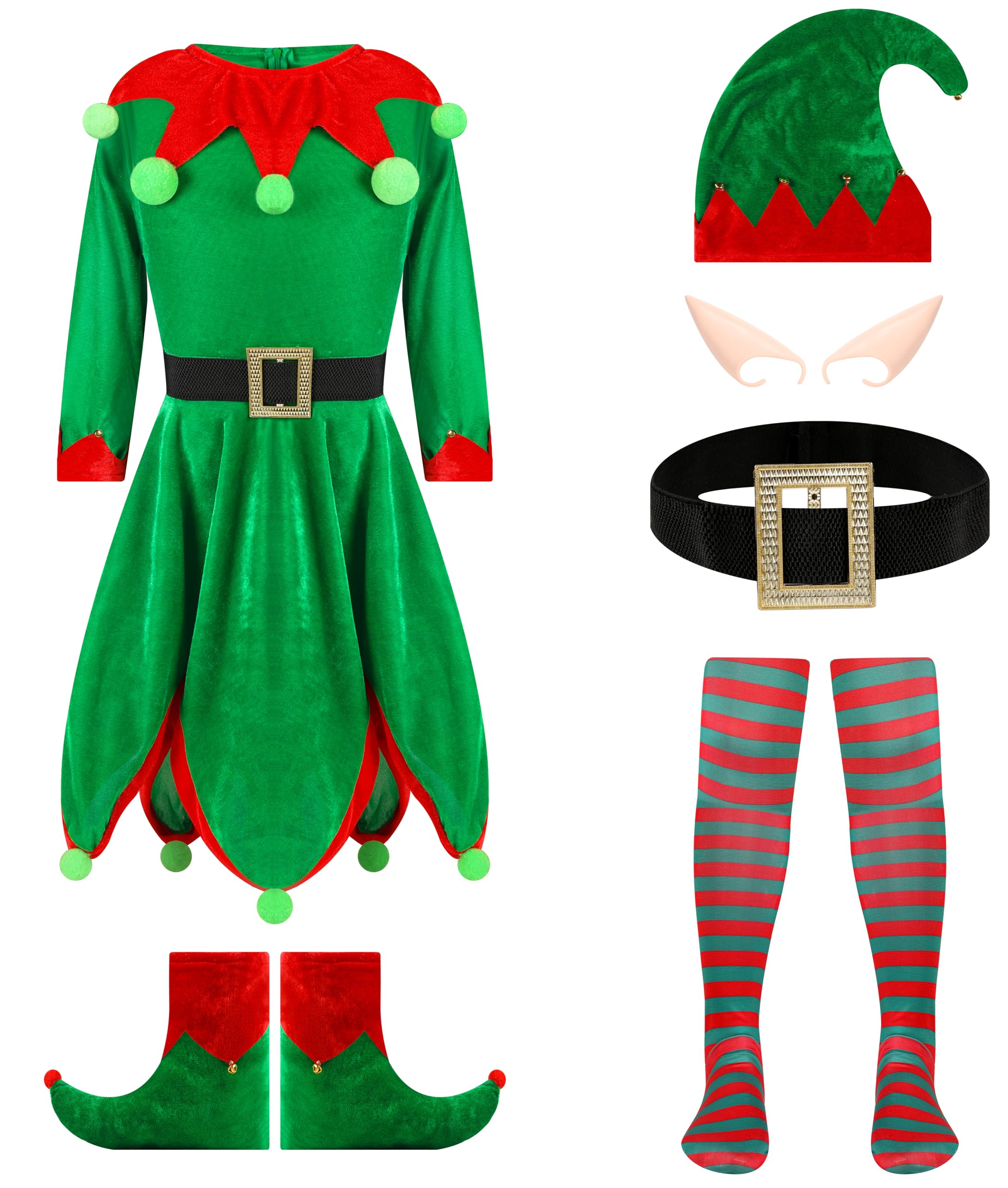XJDABXD 6 Pcs Elf Costume for Kids.Child Holiday Elf Costume Dress and Hat Elf Costume for Girls