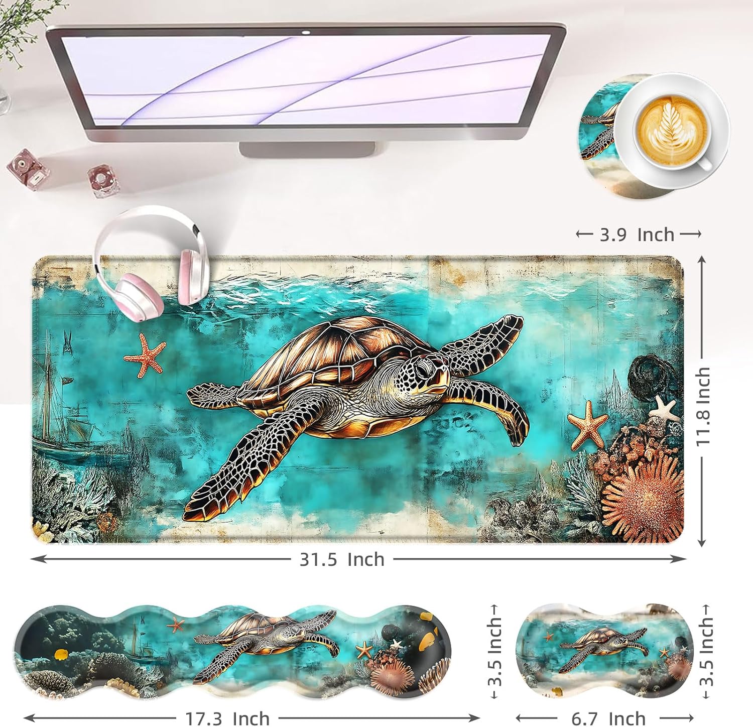 Large Keyboard Mouse Pad Set, Extended Mouse Pad+Keyboard Wrist Rest Support, Memory Foam Ergonomic Easy Typing, 4Pcs (31.5×11.8 in) Desk Pad Set for Office Home,Watercolor Sea Turtle