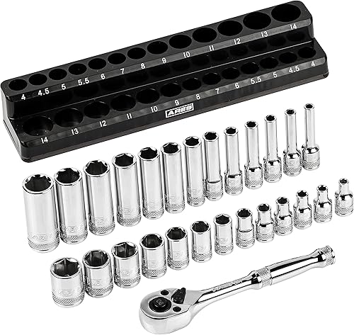 ARES 47003-Juego de 28 llaves métricas de 1/4 pulgadas y trinquete de 90 dientes con organizador magnético, tamaños de 0.157 in a 0.551 in de