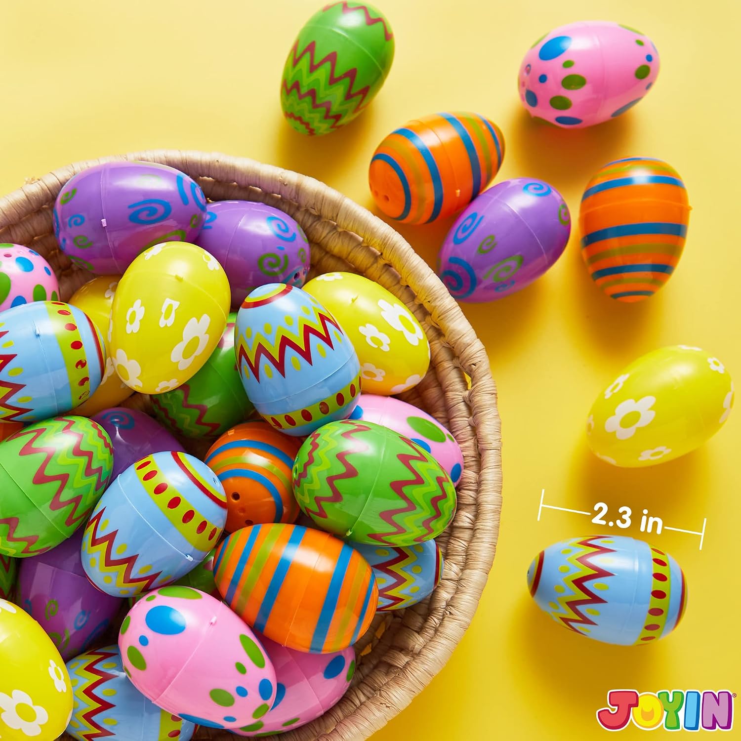 JOYIN 72 Pcs Plastic Printed Bright Easter Eggs 2.3" Tall for Easter Hunt, Basket Stuffers Fillers, Classroom Prize Supplies, Filling Treats and Party Favor