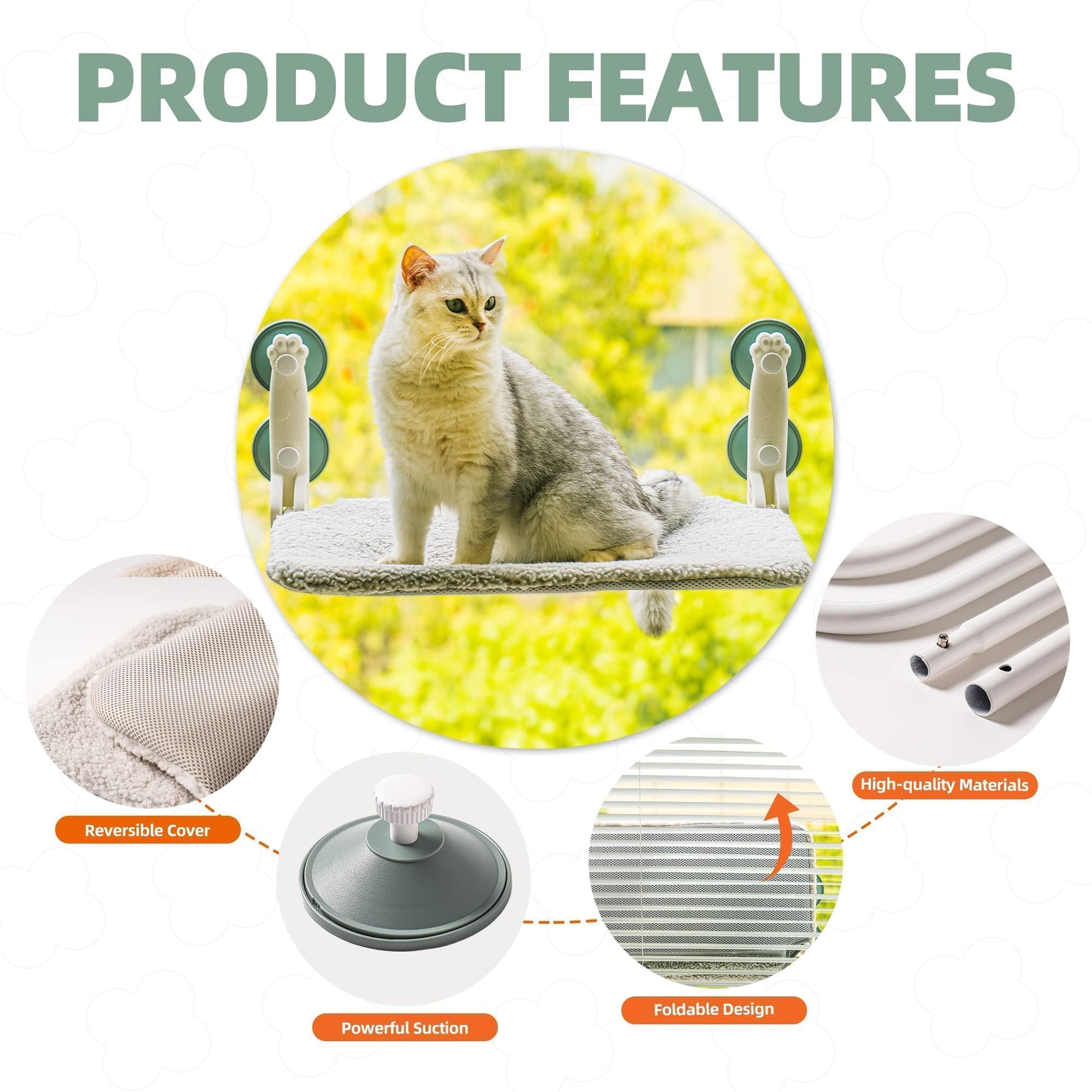 MEWOOFUN Amaca per Gatti da Finestra Pieghevole Amaca Gatto Finestra con Ventosa Forte Tappetino Reversibile fino a 18kg (Grey L Paw-58x30x20cm)