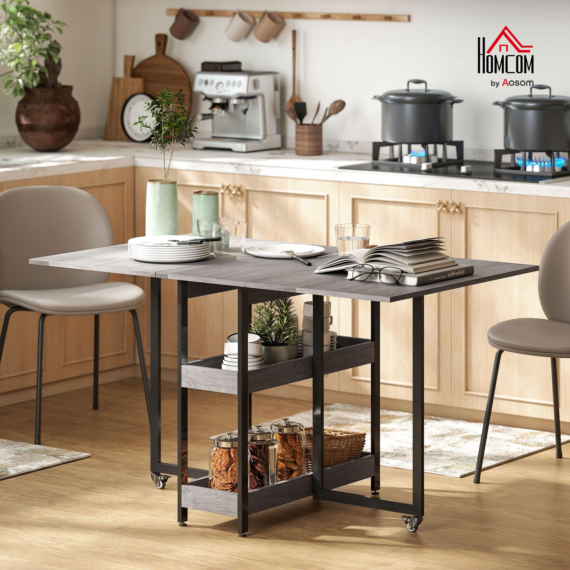 HOMCOM Tavolo da Pranzo Pieghevole, Tavolo Cucina a Ribalta con Ruote per 4 Persone, Scrivania Richiudibile Salvaspazio con 2 Ripiani Aperti, Ideale per Soggiorno, Ufficio, 133.4x80x75 cm, Grigio