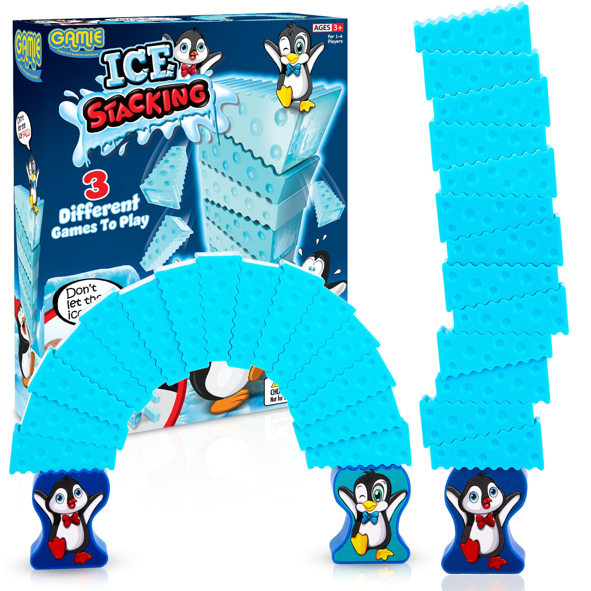 Gamie Stacking Penguin Ice Game for Kids - 20 Ice Stacking Toy Pieces, 2 Penguins, and Sticker Sheet - 3 Unique Challenges - Balancing Games for Family Night - Penguin Games for Toddlers, Blue