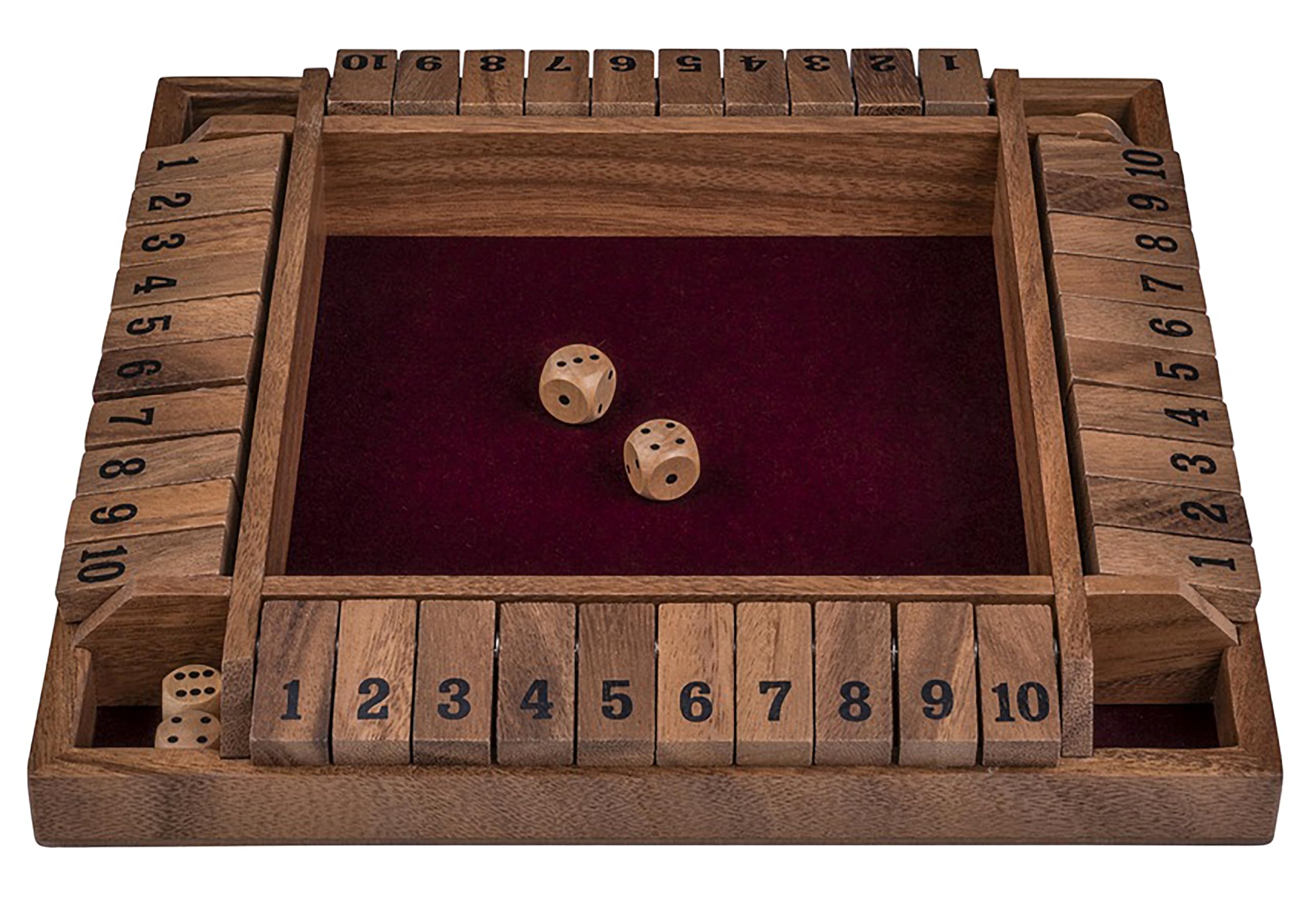 Engelhart - 300406 - Shut the Box for 4 Players - Wooden Box with Felt Lining - 8 Wooden Dice - Traditional Dice Game - 29x29x3.5 cm