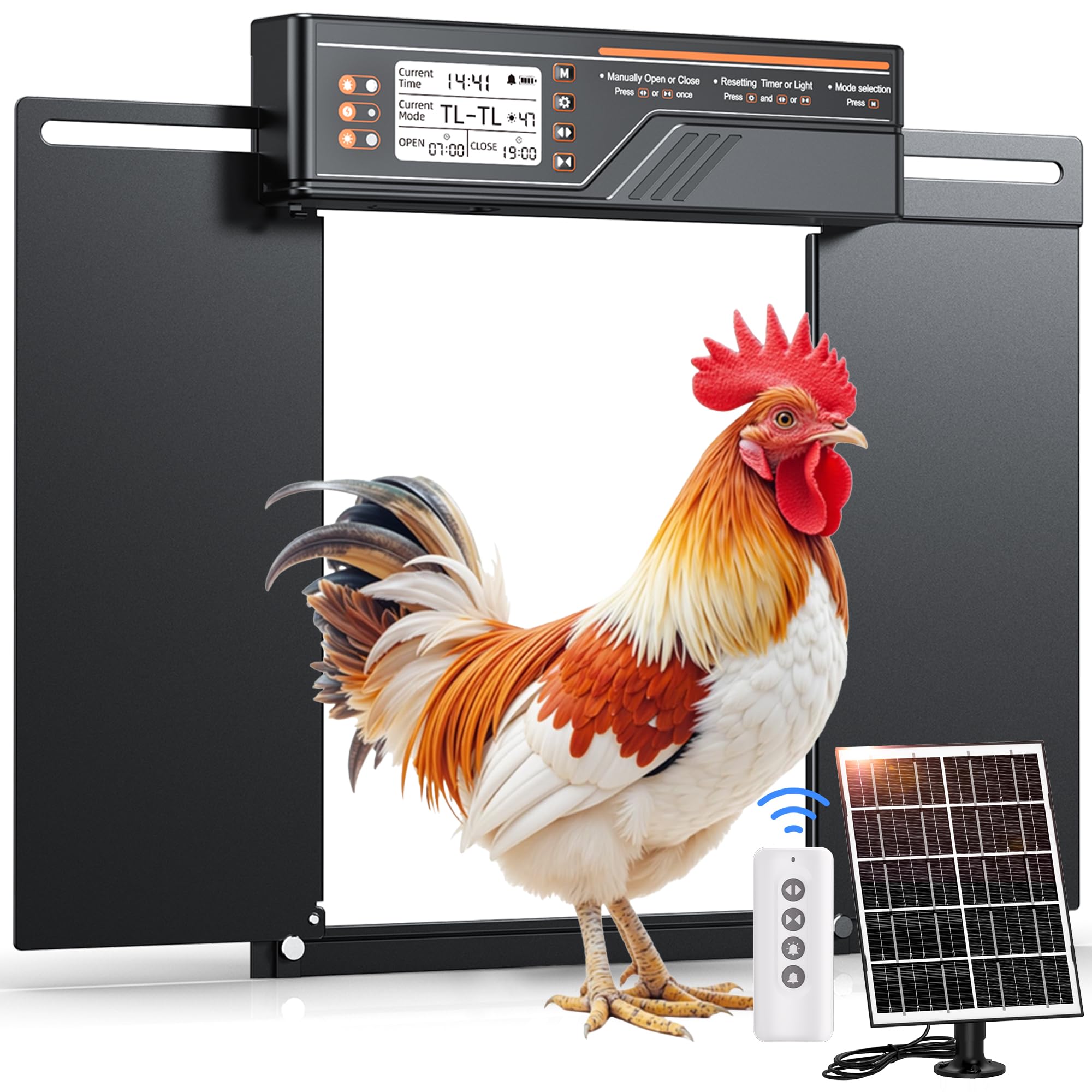 Puerta Automática Grande para Gallinero con Panel Solar de 7W, Puerta Gallinero de Aleación de Aluminio con 4 Modos, Temporizador y Sensor de Luz, Pantalla LCD de Gran Tamaño, con Mando a Distancia