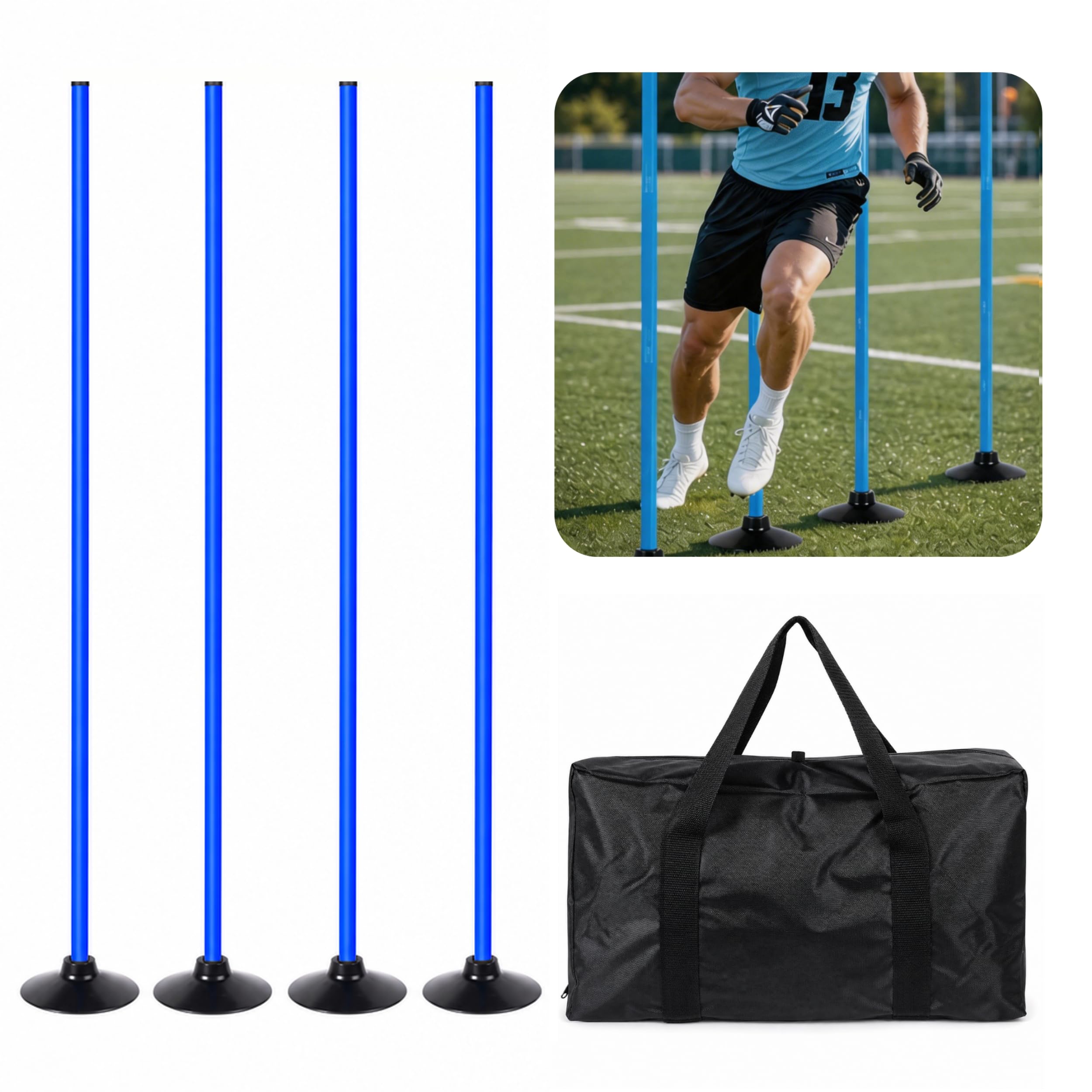 Photo 1 of 4 Pack Soccer Agility Training Poles, 5 FT Adjustable Speed and Agility Training Equipment for Football/Basketball/ Dog Practice, Bending Poles for Horses with Rubber Bases and Carry Bag (Blue)