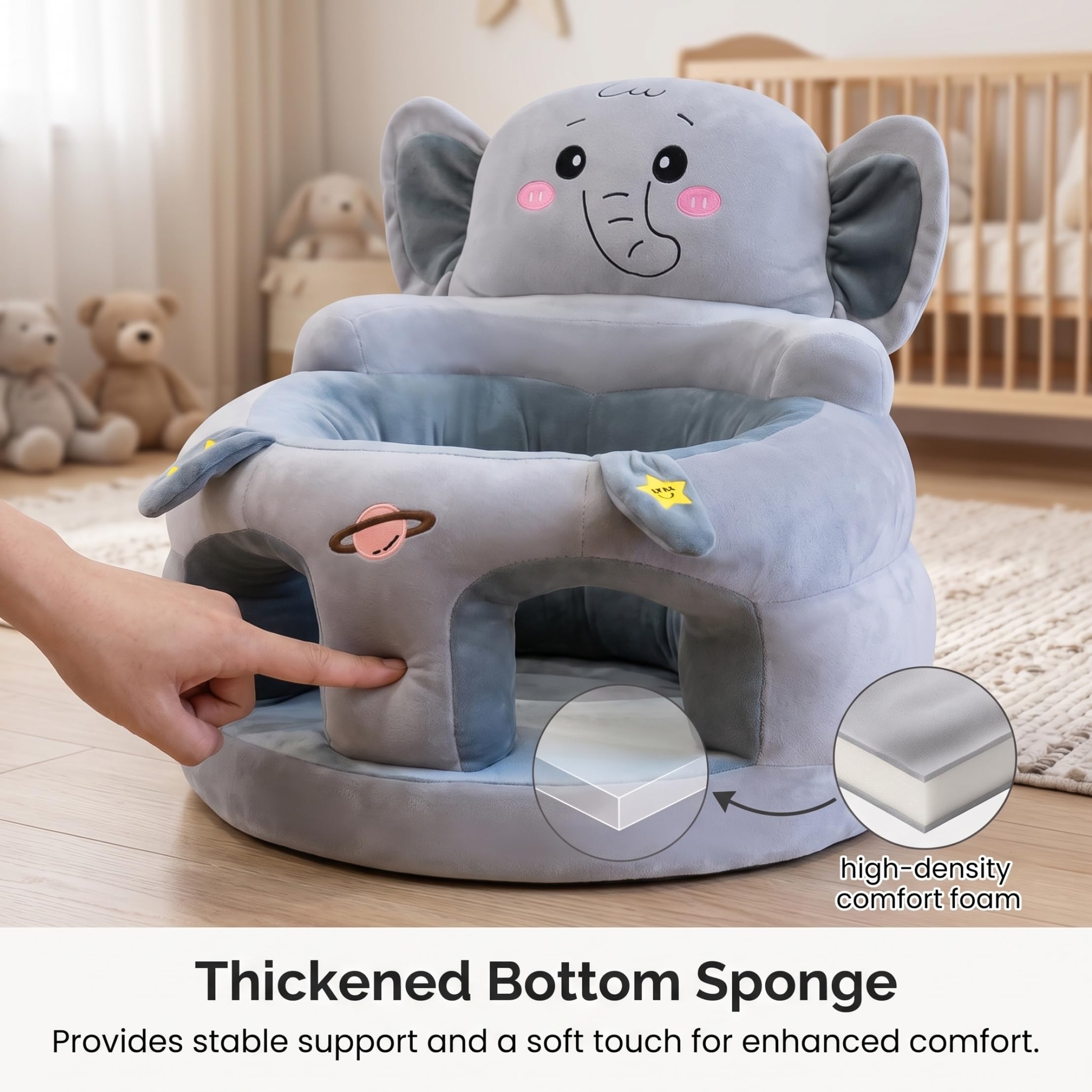 Sit Me Up Bodensitz für Babys, weicher Babysitz-Stützstuhl, grauer Elefanten-Kindersitz (17, 7 x 17, 7 x 15, 8 Zoll)